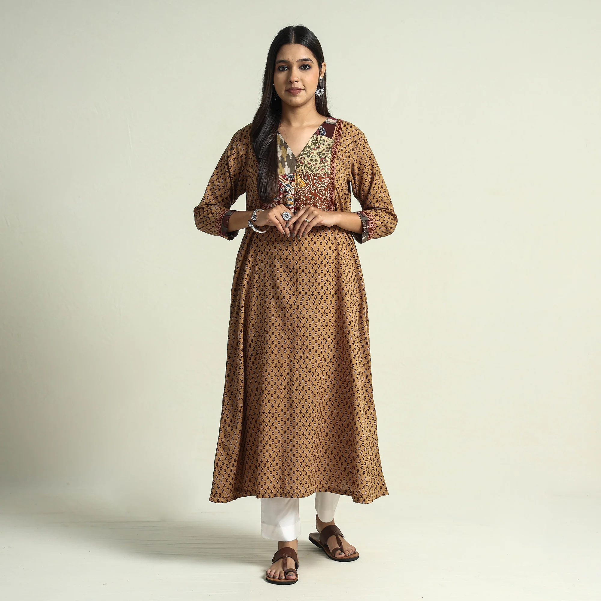 Brown - Bagh Block Printed Patchwork Cotton Long A-Line Kurta - Image 2