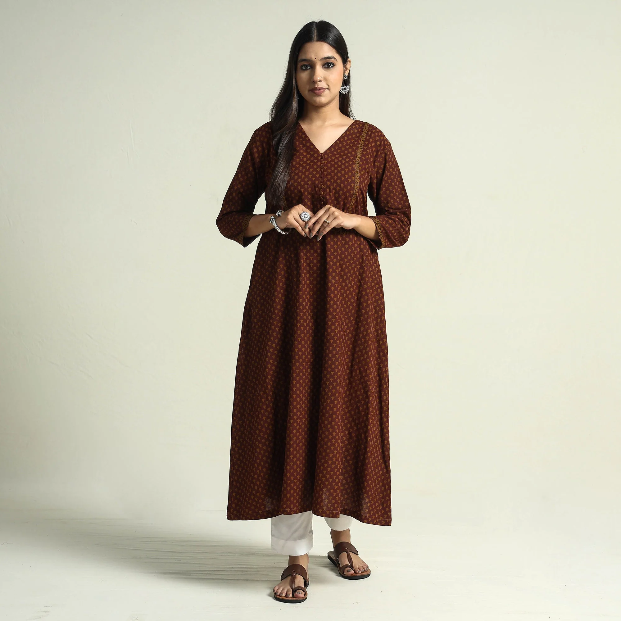 Brown - Block Print Cotton A-Line Bagh Kurta - Image 2