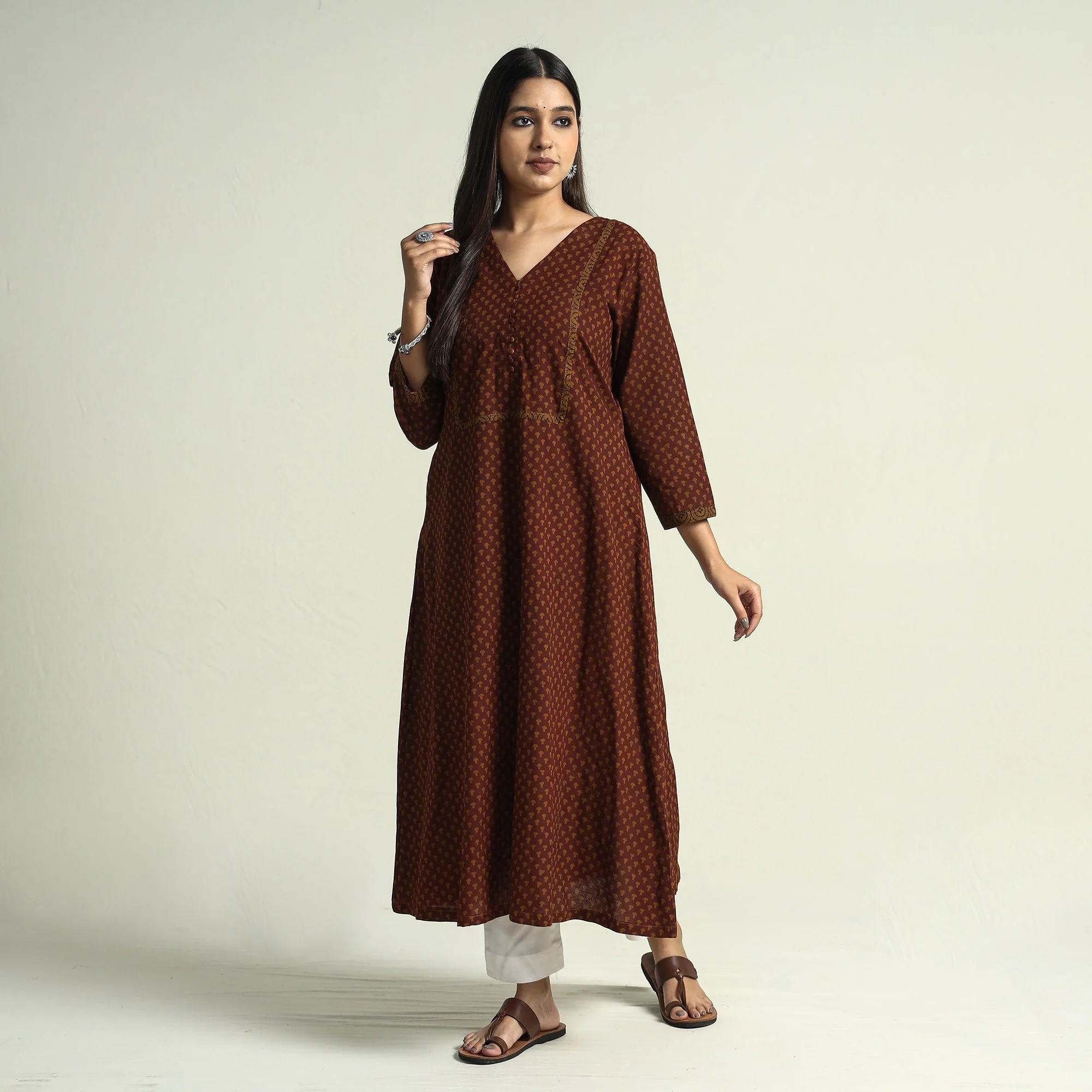 Brown - Block Print Cotton A-Line Bagh Kurta - Image 3
