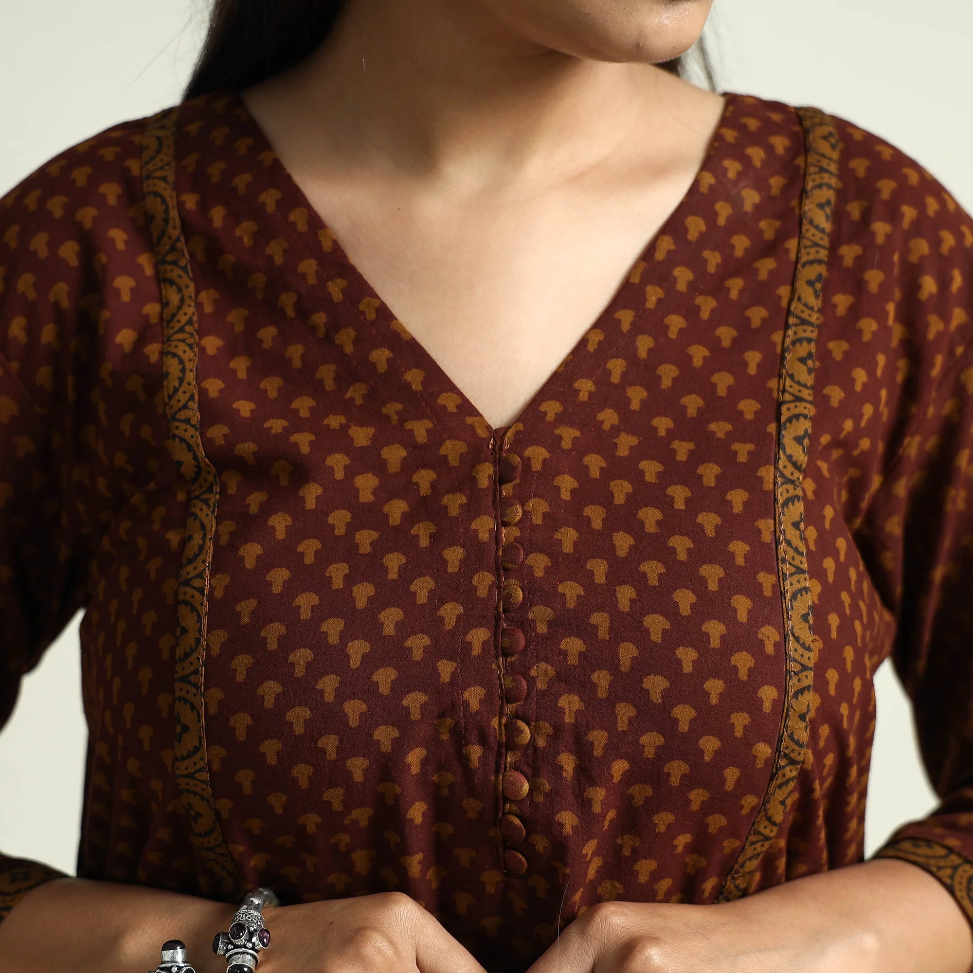 Brown - Block Print Cotton A-Line Bagh Kurta - Image 4