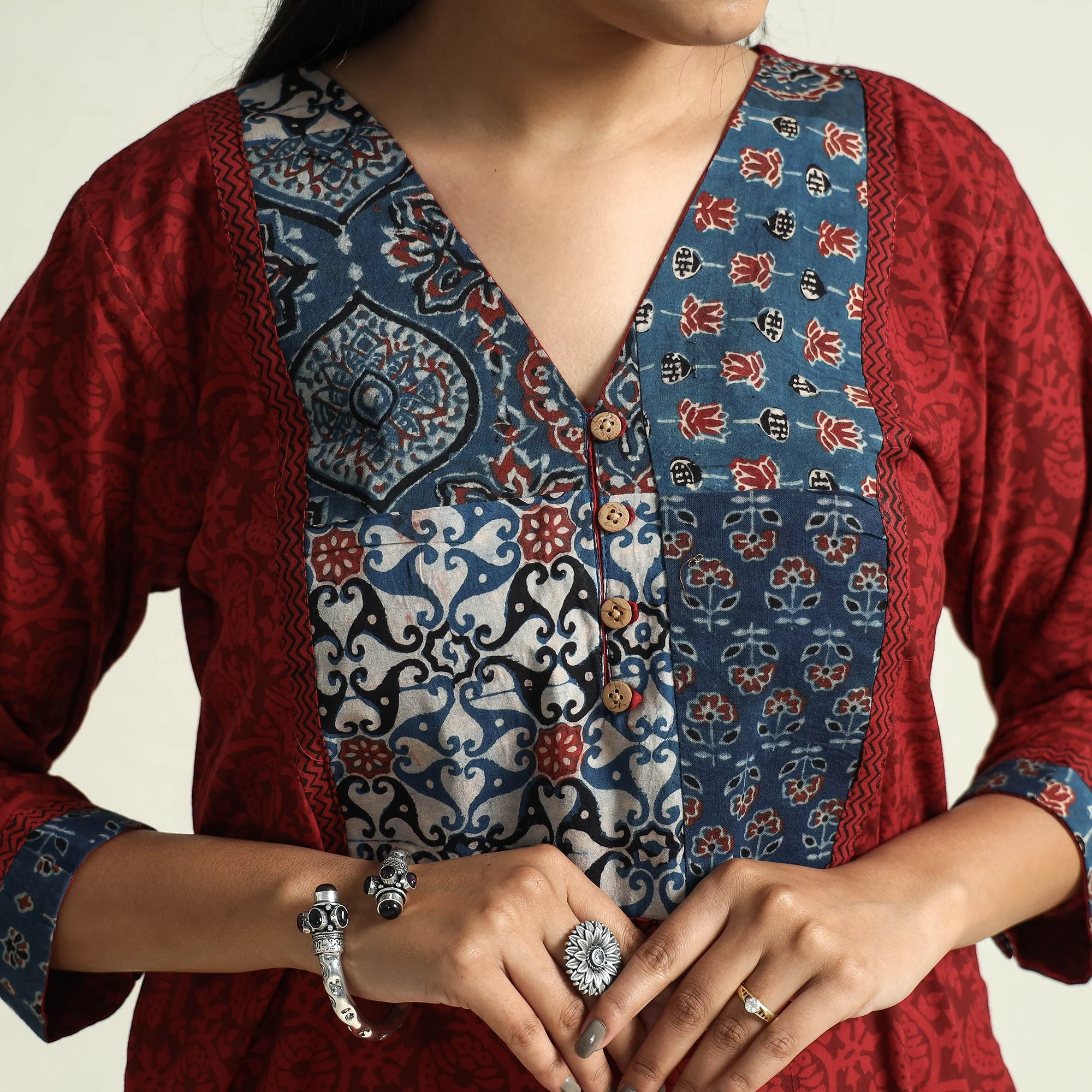 Red - Bagh Hand Block Printed Patchwork Cotton A-Line Long Kurta - Image 4