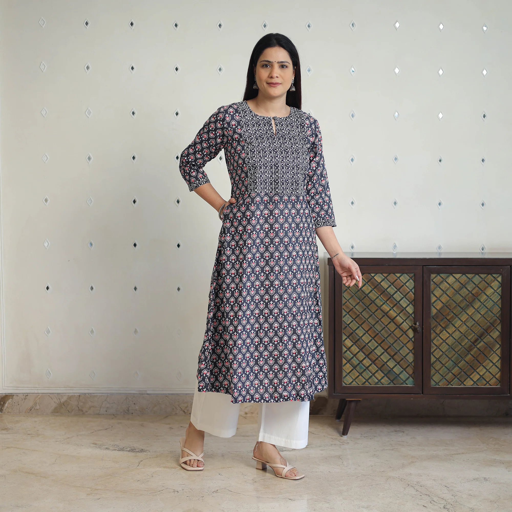 Black - Jaipur Printed Patchwork Cotton Straight Kurta 04 - Image 3