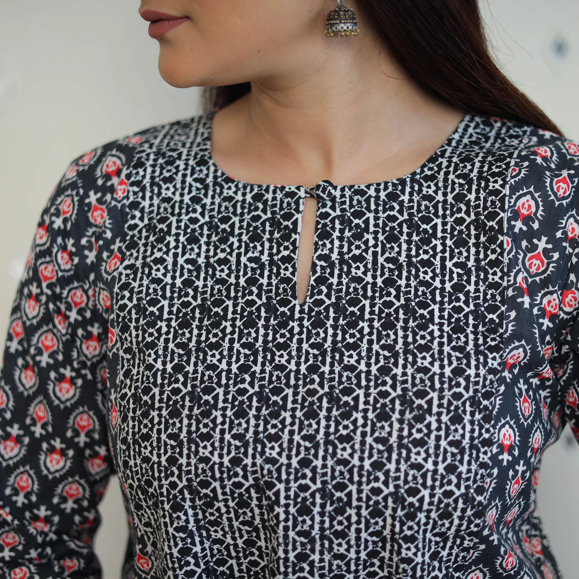 Black - Jaipur Printed Patchwork Cotton Straight Kurta 04 - Image 4