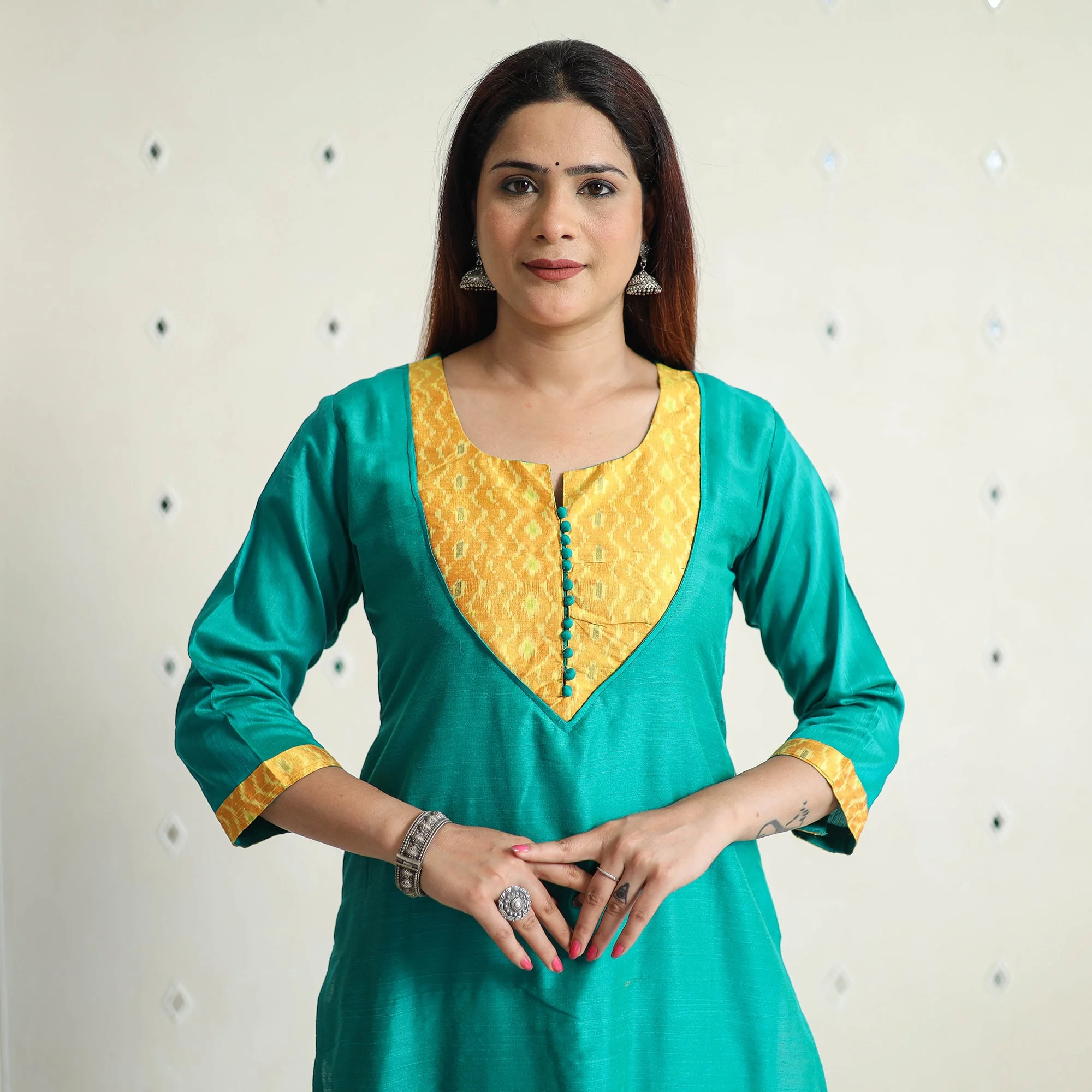 Jade Green - Plain Solid Slub Silk Straight Kurta 05