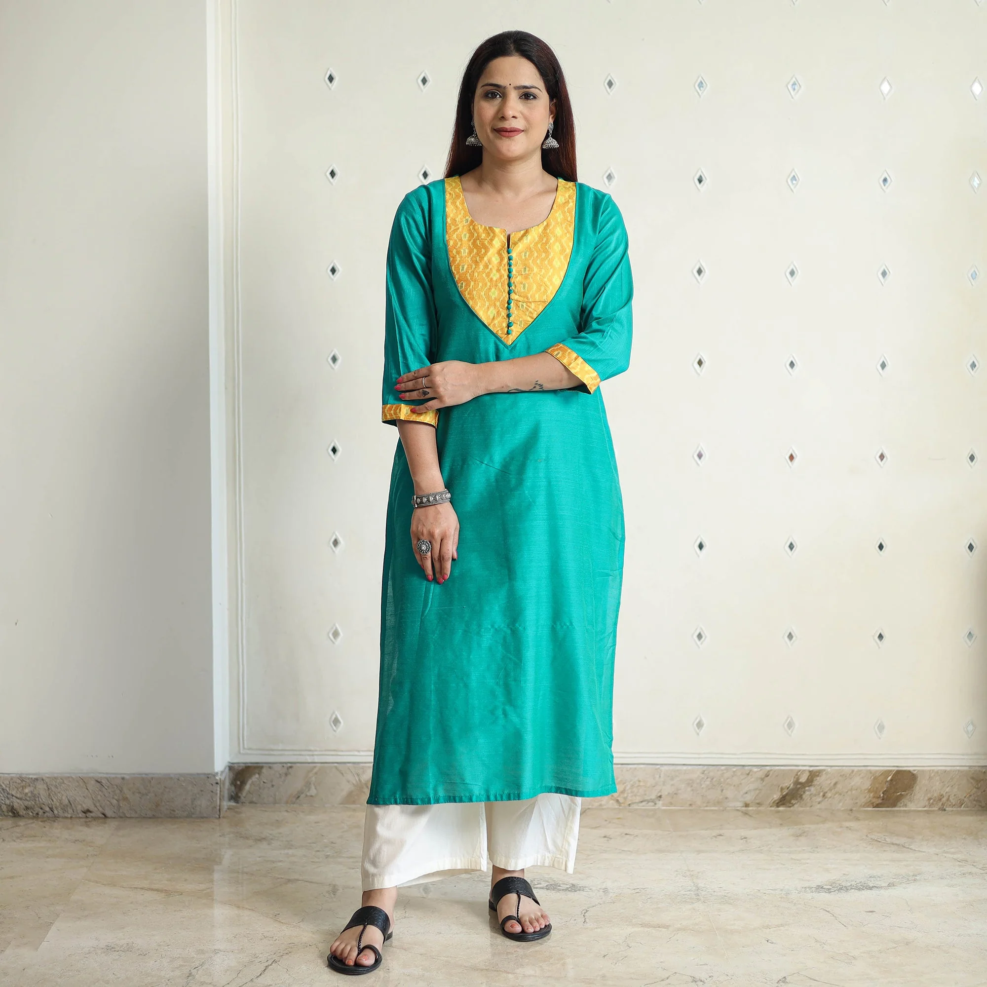 Jade Green - Plain Solid Slub Silk Straight Kurta 05 - Image 2