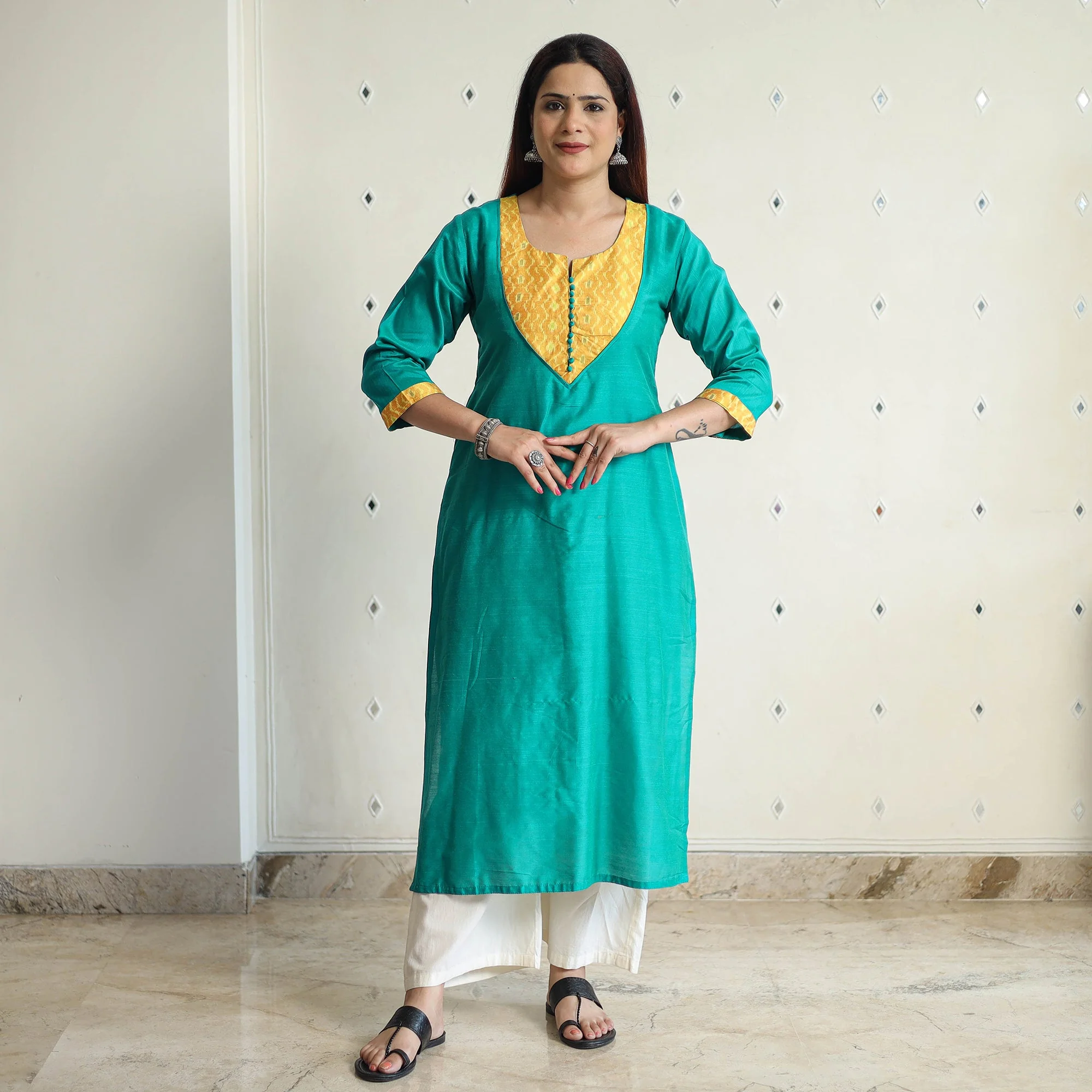 Jade Green - Plain Solid Slub Silk Straight Kurta 05 - Image 3