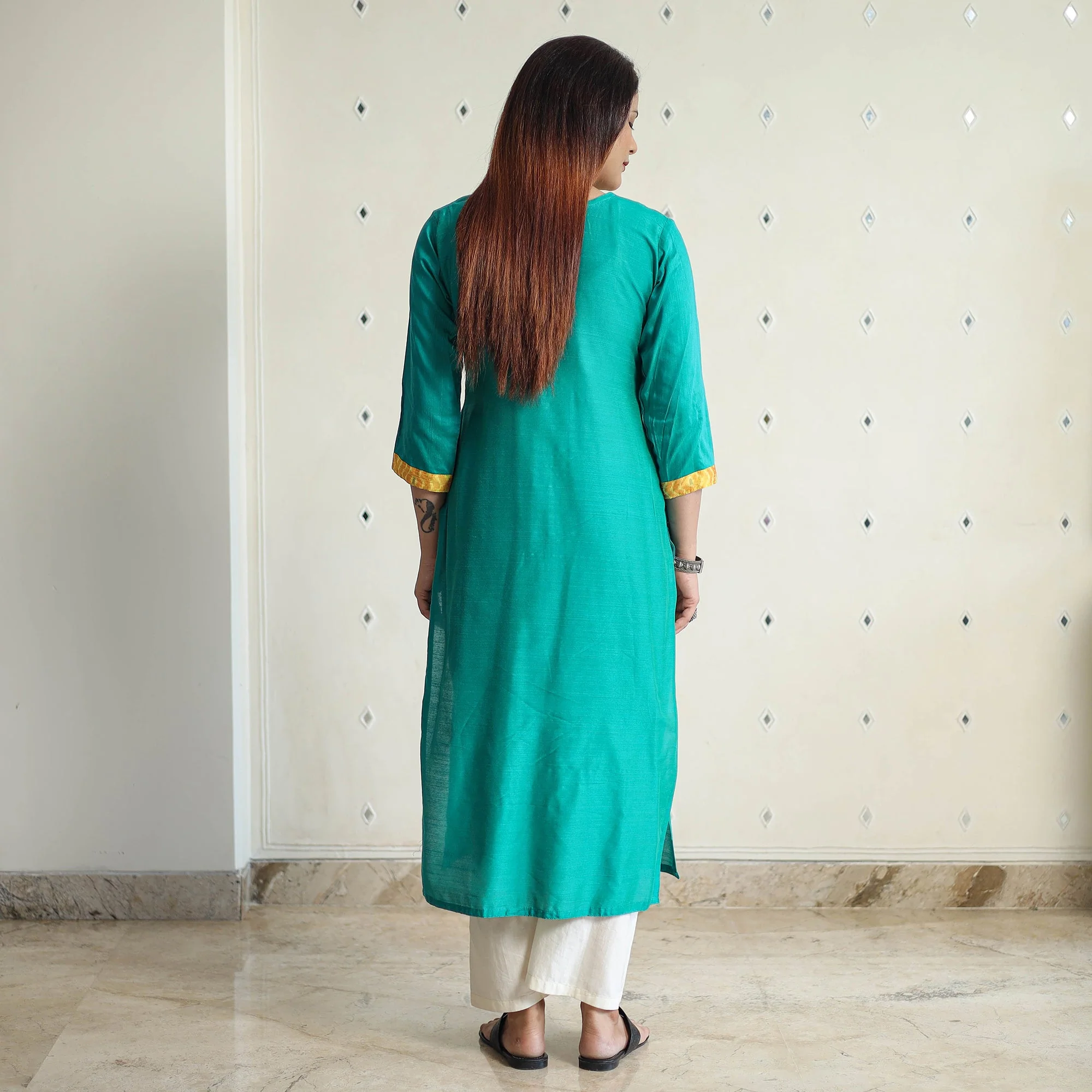Jade Green - Plain Solid Slub Silk Straight Kurta 05 - Image 4
