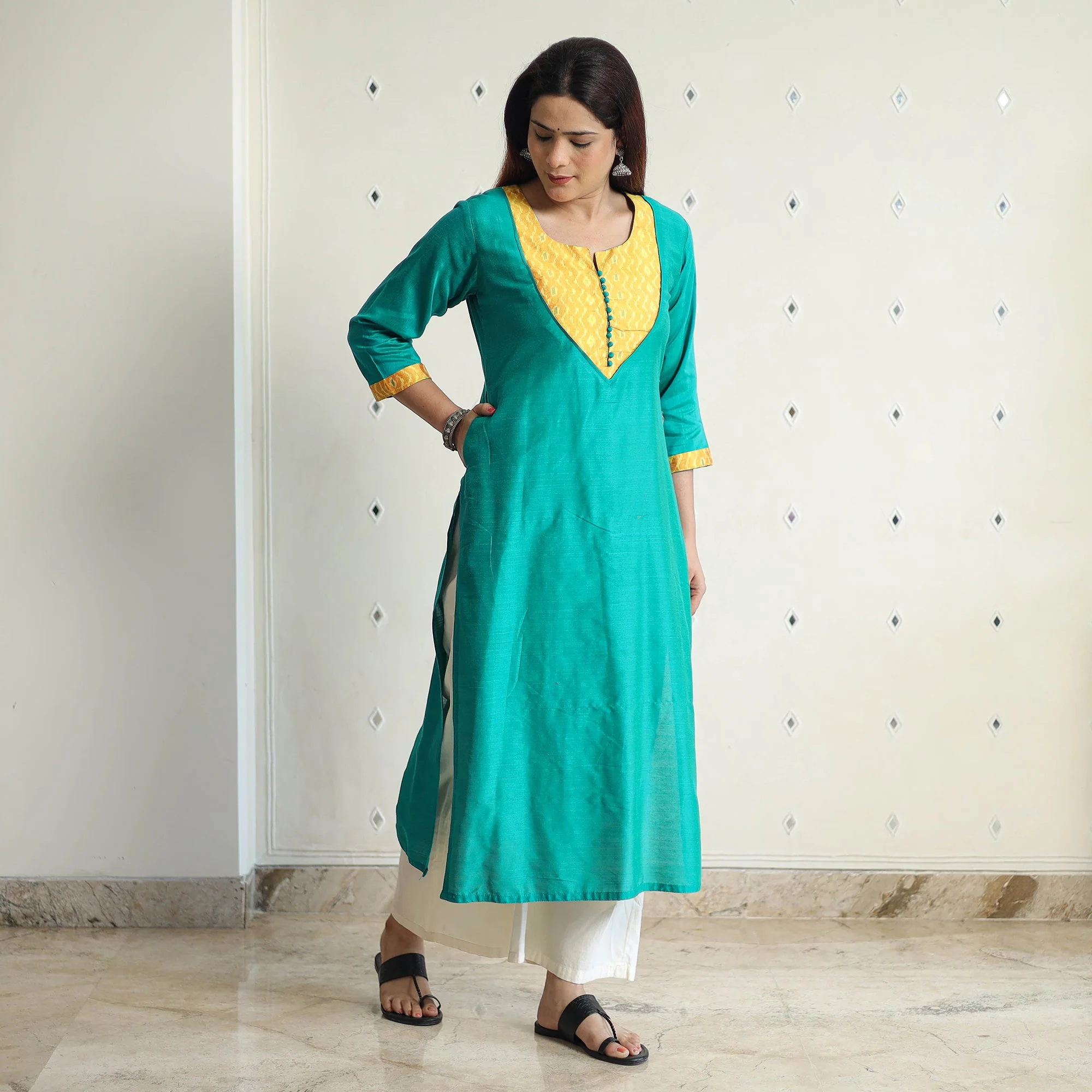 Jade Green - Plain Solid Slub Silk Straight Kurta 05 - Image 7
