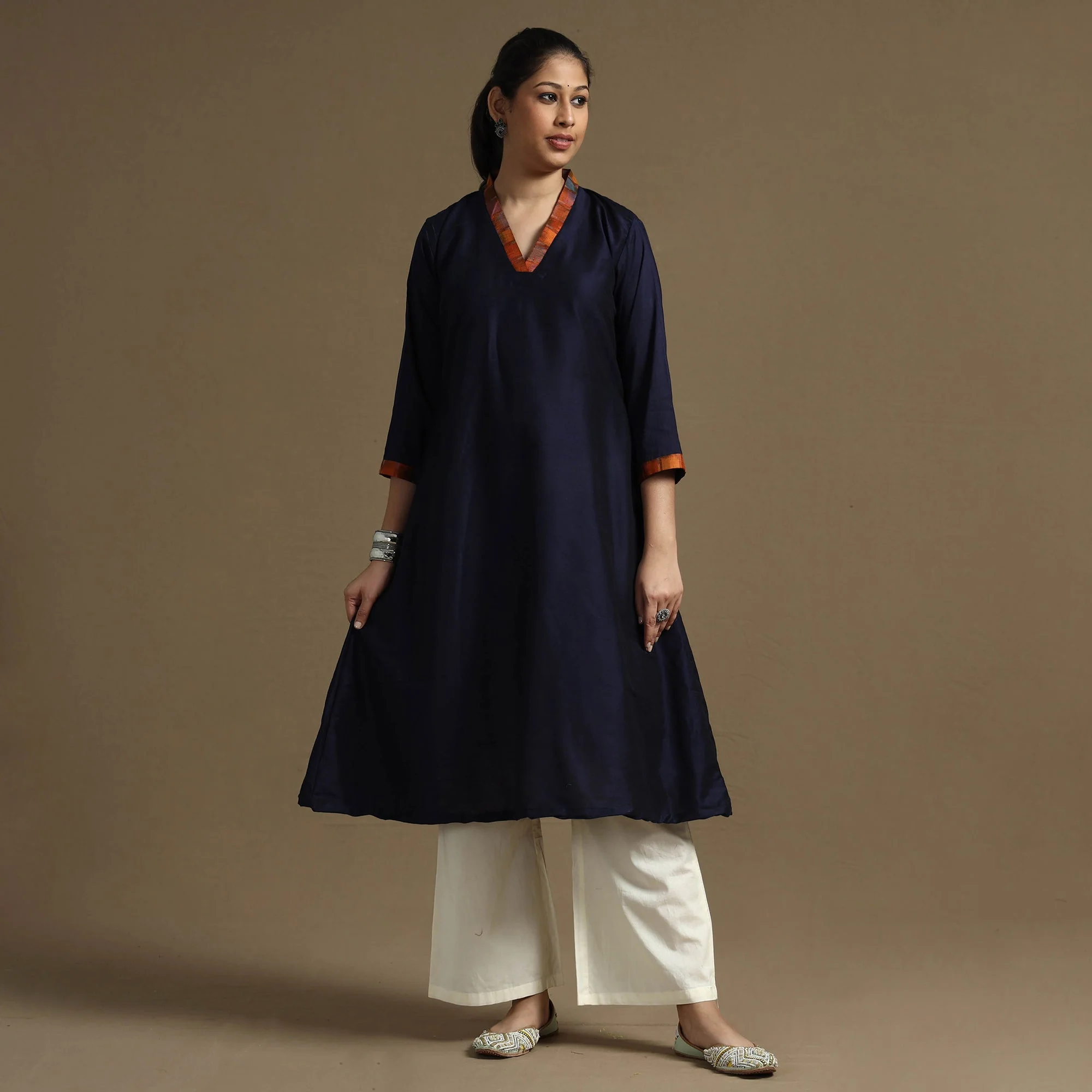 Navy Blue - Plain Solid Slub Silk Long Kurta - Image 3