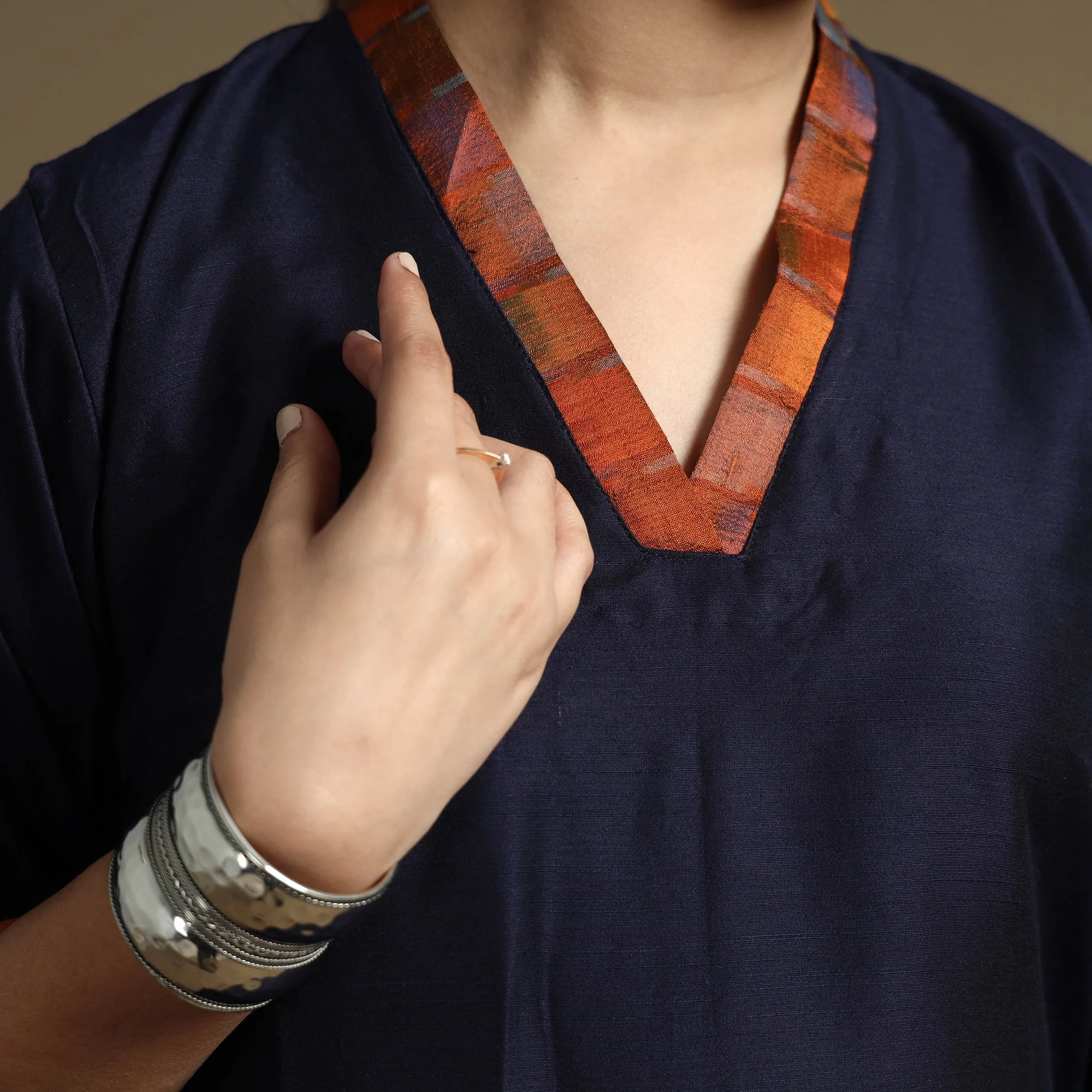 Navy Blue - Plain Solid Slub Silk Long Kurta - Image 5