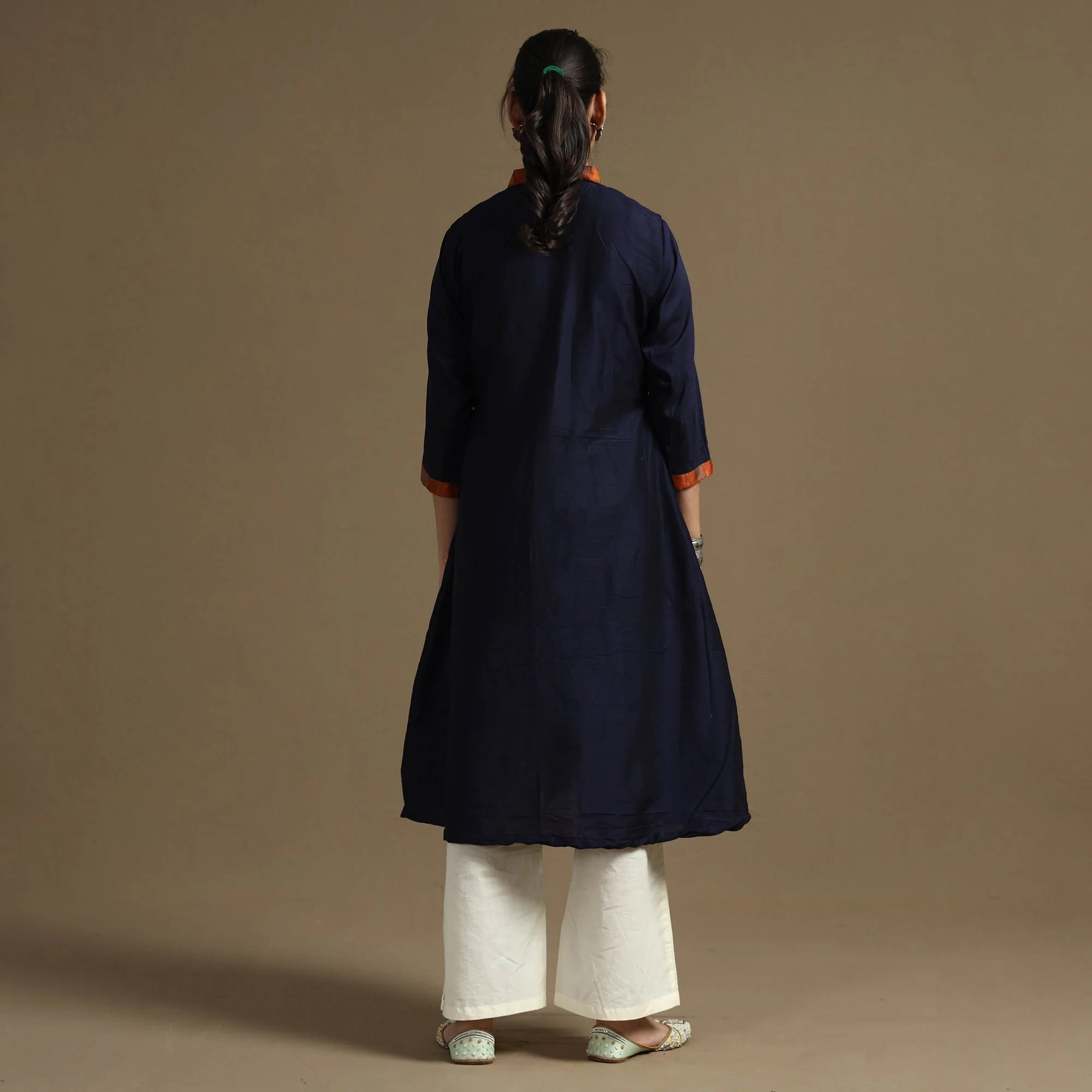 Navy Blue - Plain Solid Slub Silk Long Kurta - Image 6