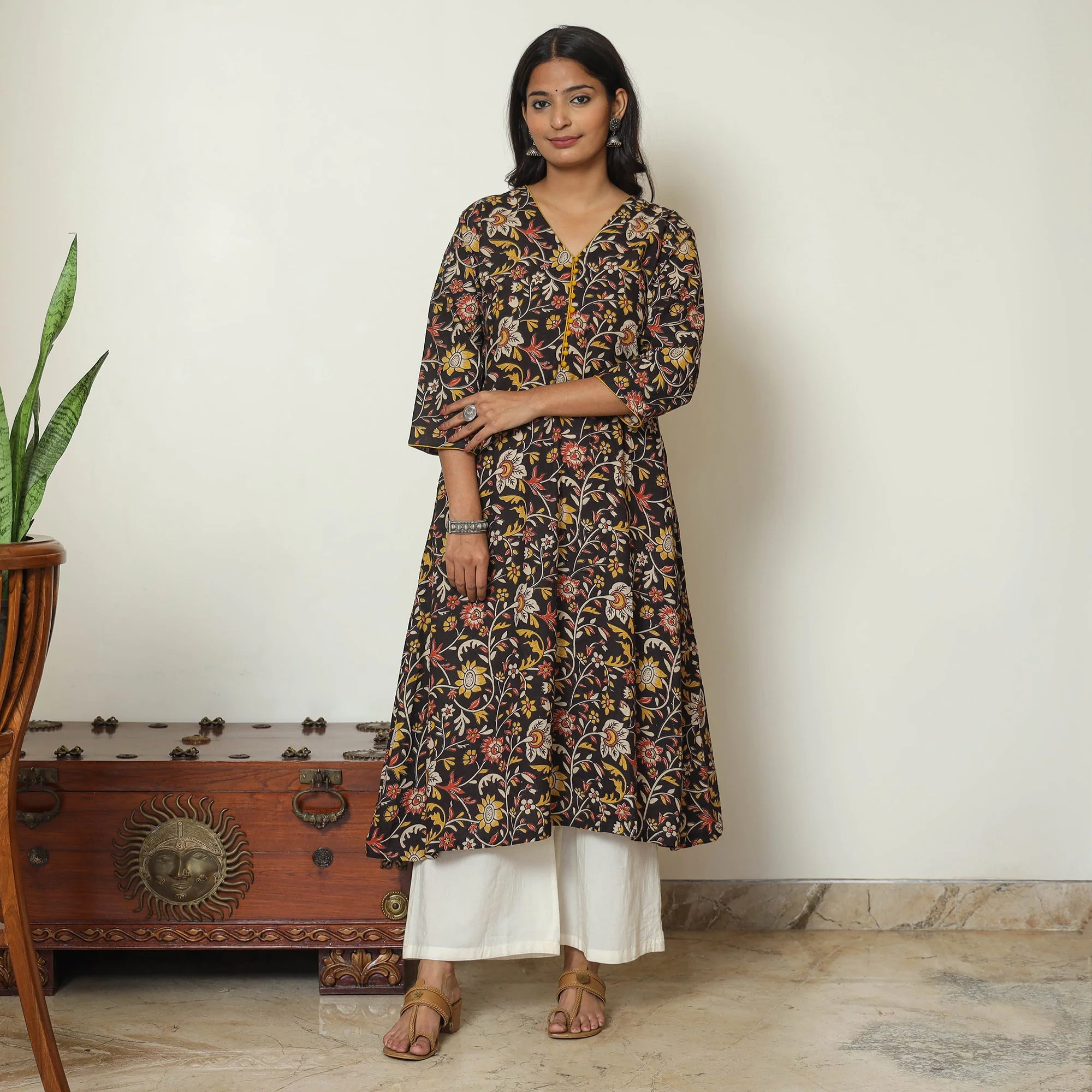 Black - Kalamkari Printed Cotton A-Line Kurta 37
