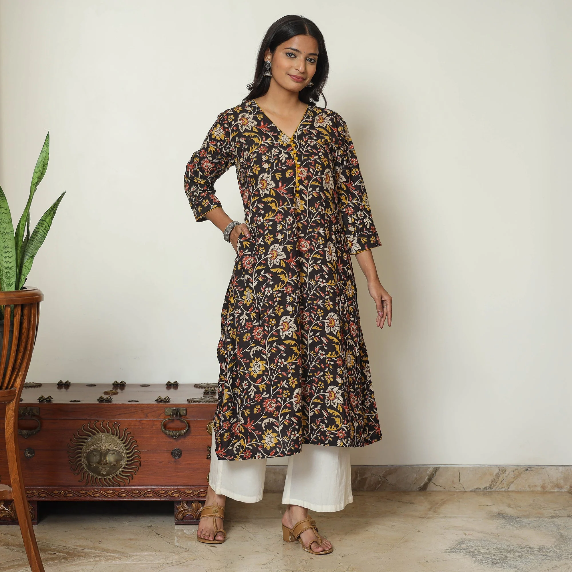 Black - Kalamkari Printed Cotton A-Line Kurta 37 - Image 2
