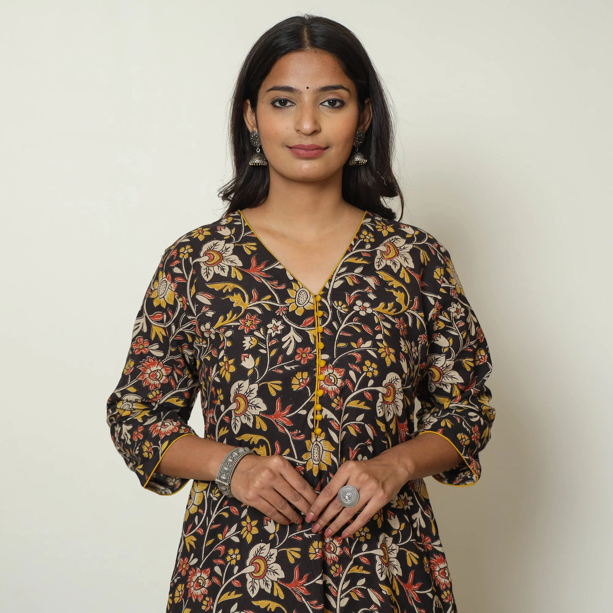 Black - Kalamkari Printed Cotton A-Line Kurta 37 - Image 5
