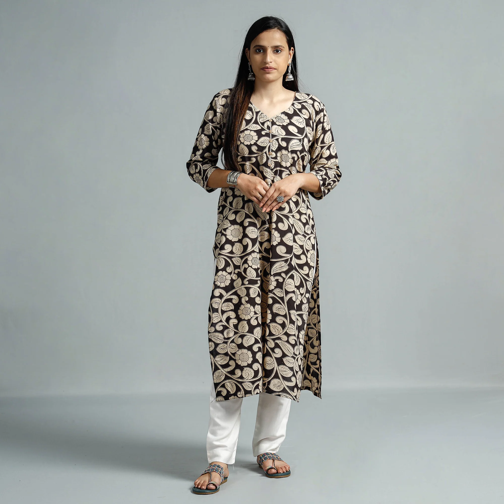 Beige - Kalamkari Printed Cotton Straight Kurta - Image 2