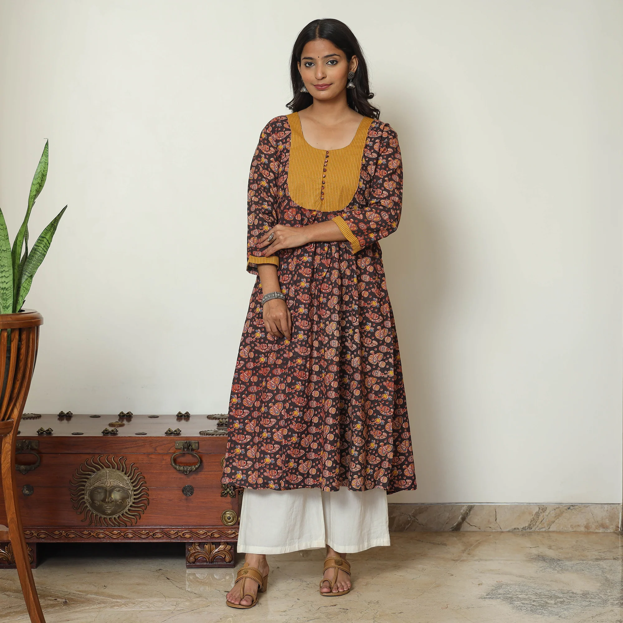 Black - Kalamkari Printed Cotton A-Line Kurta 32 - Image 2