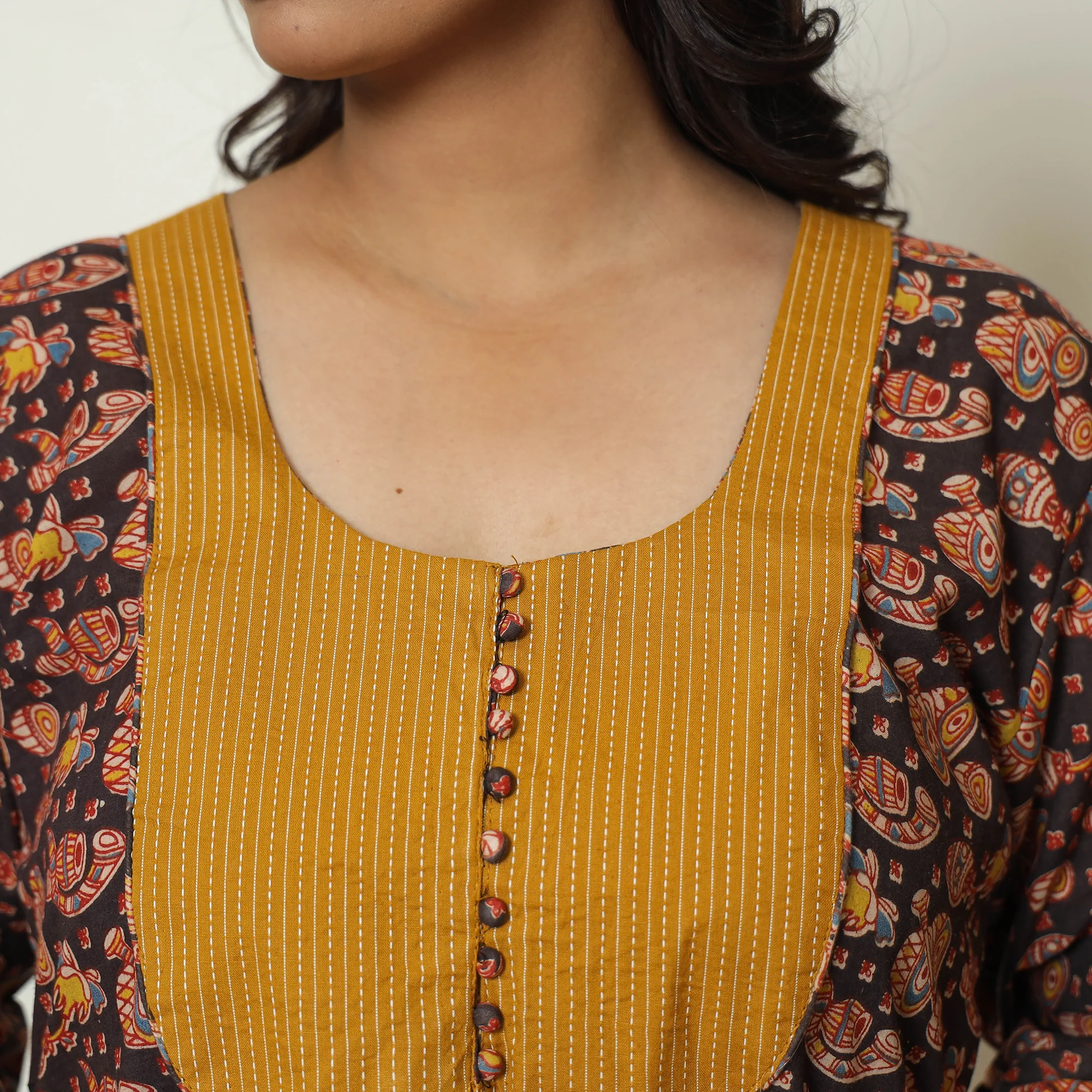 Black - Kalamkari Printed Cotton A-Line Kurta 32 - Image 5