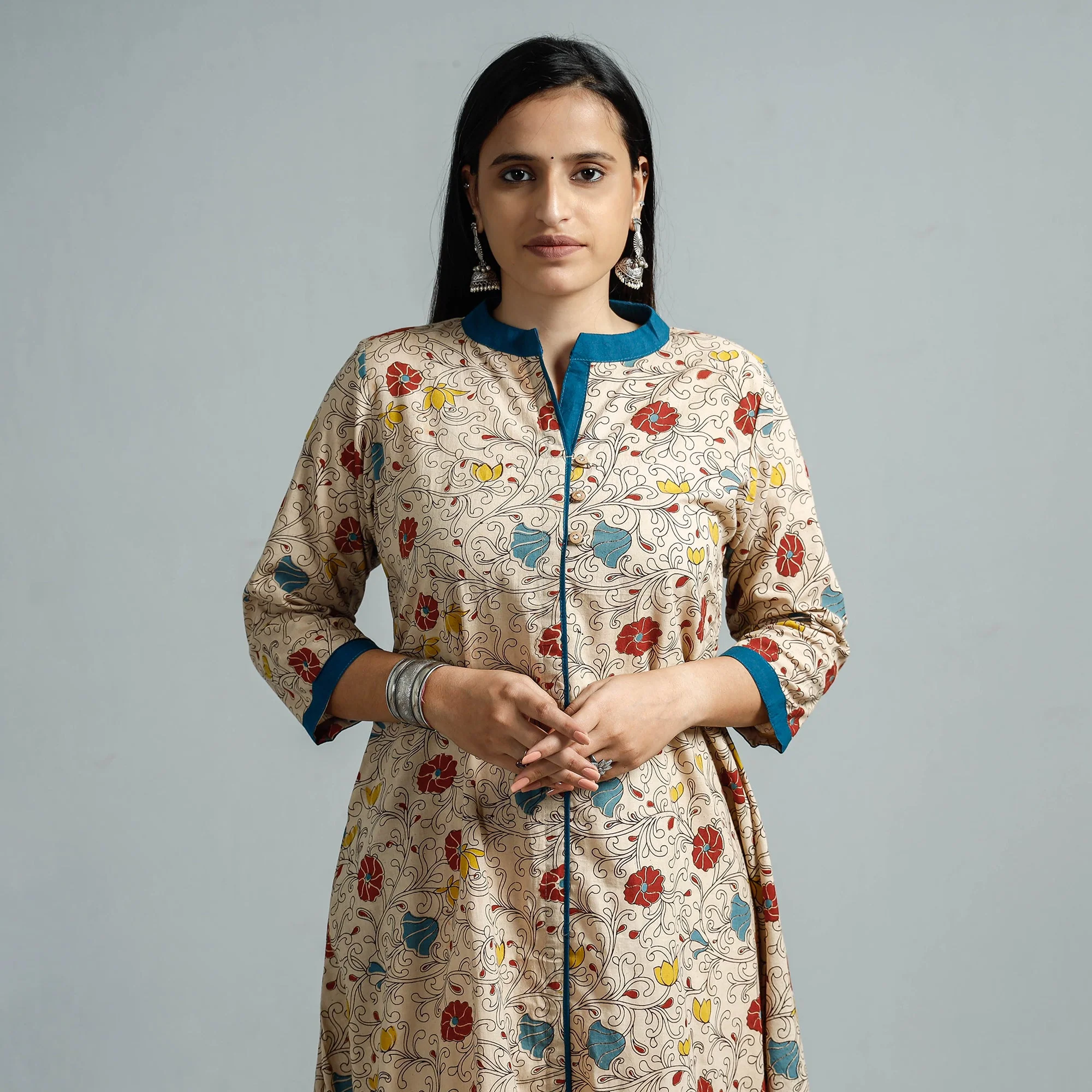 Beige - Kalamkari Printed Cotton Flared Kurta