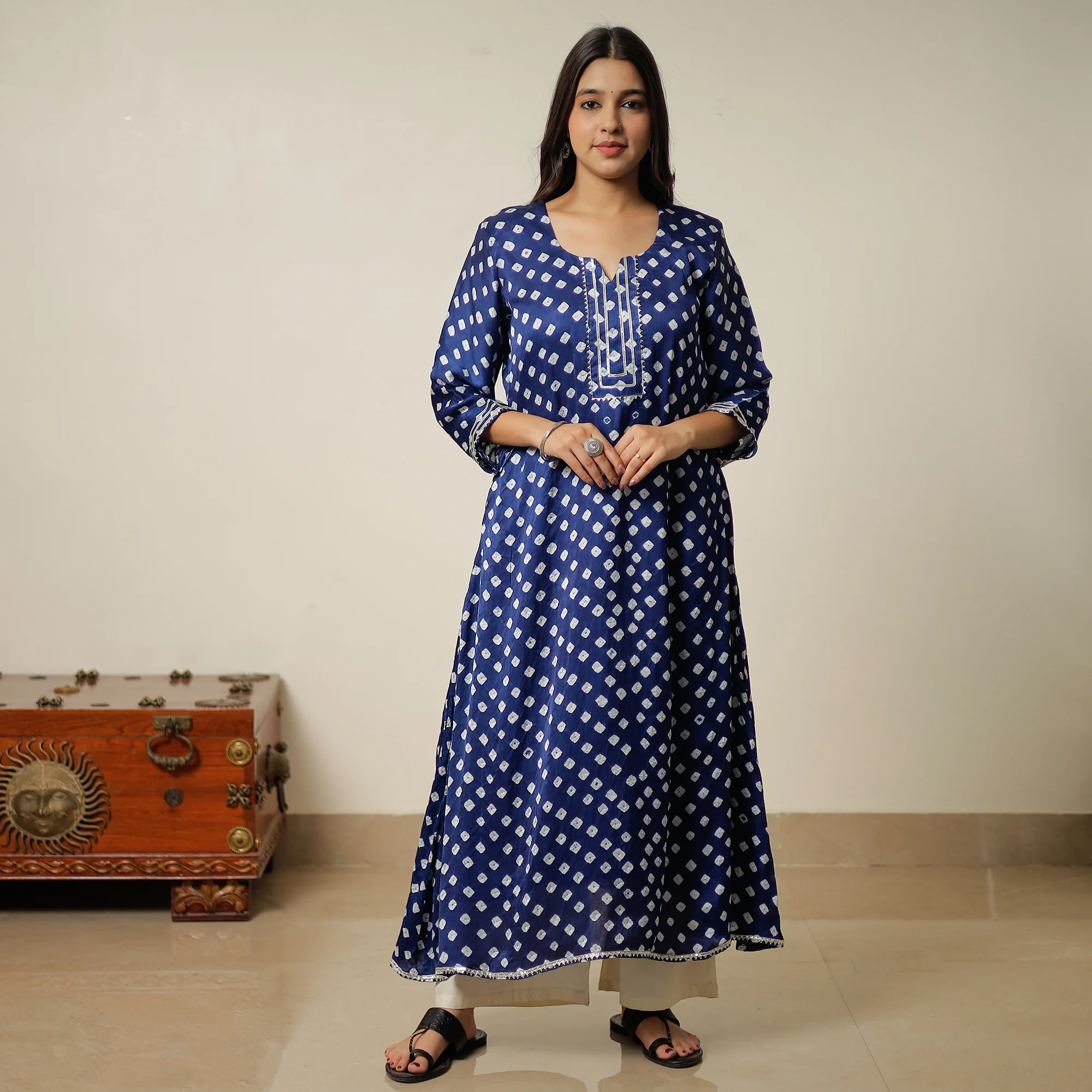 Navy Blue - Bandhani Tie-Dye Modal Silk A-Line Kurta 15 - Image 3