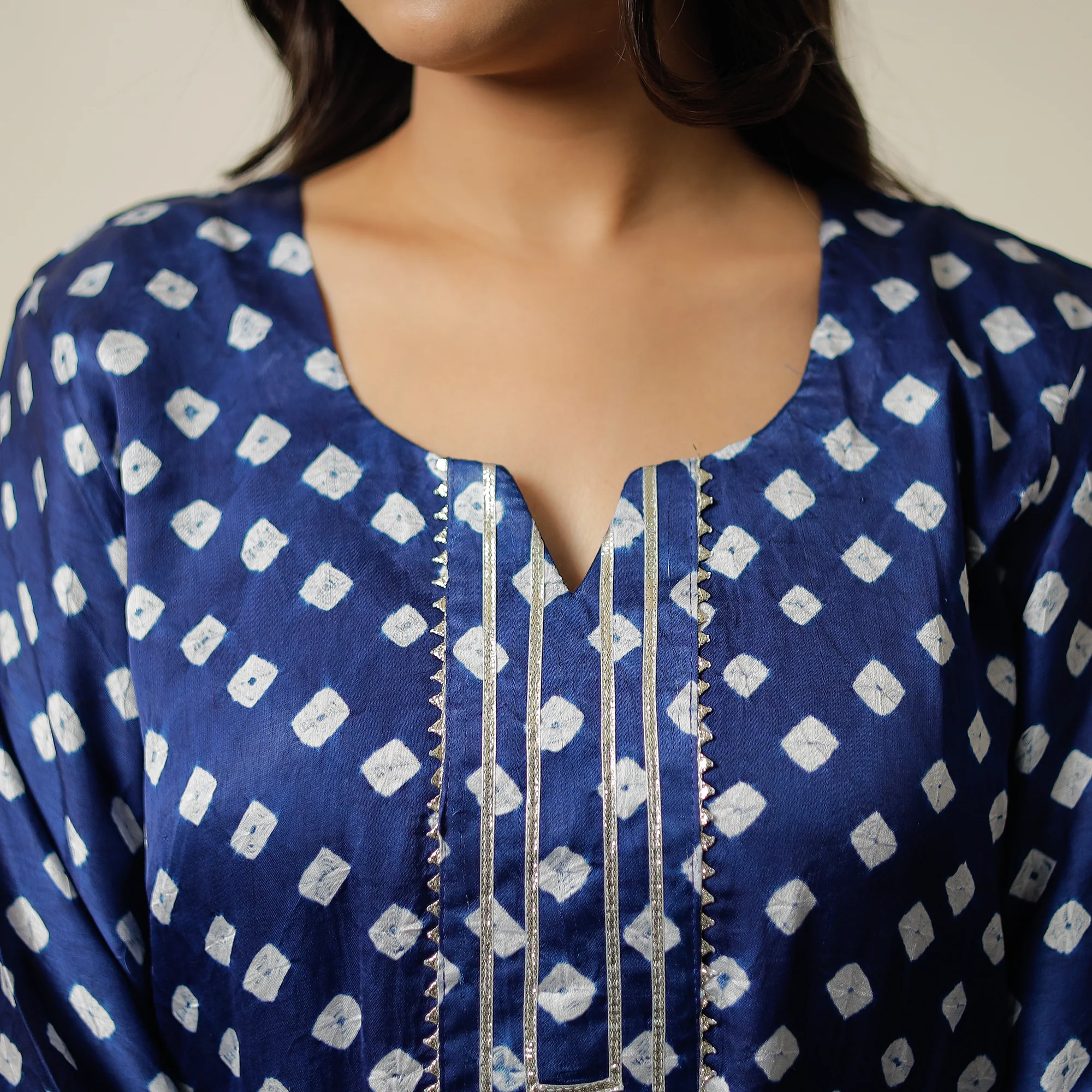 Navy Blue - Bandhani Tie-Dye Modal Silk A-Line Kurta 15 - Image 5