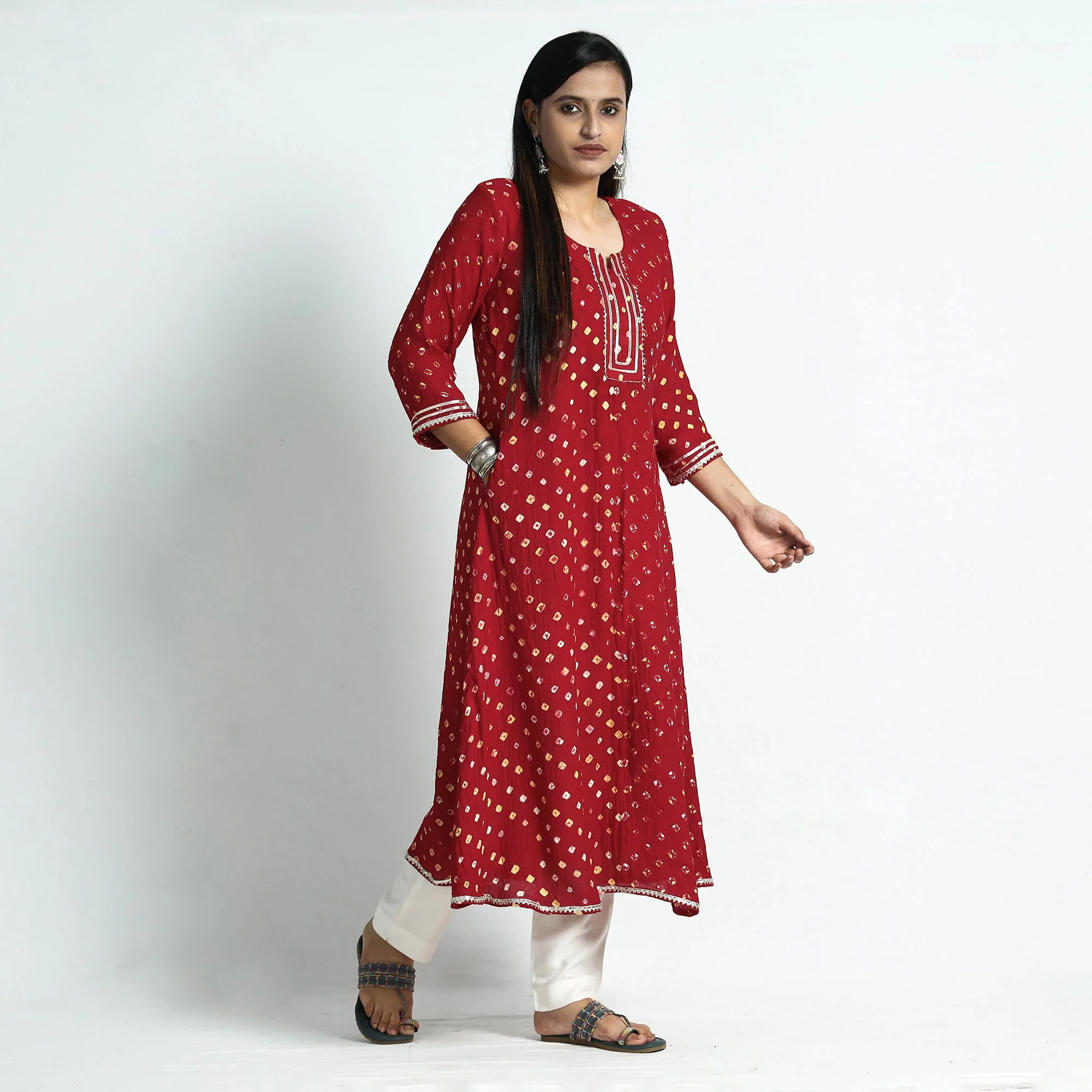 Red - Bandhani Tie-Dye Modal Silk Floral A-Line Kurta - Image 3