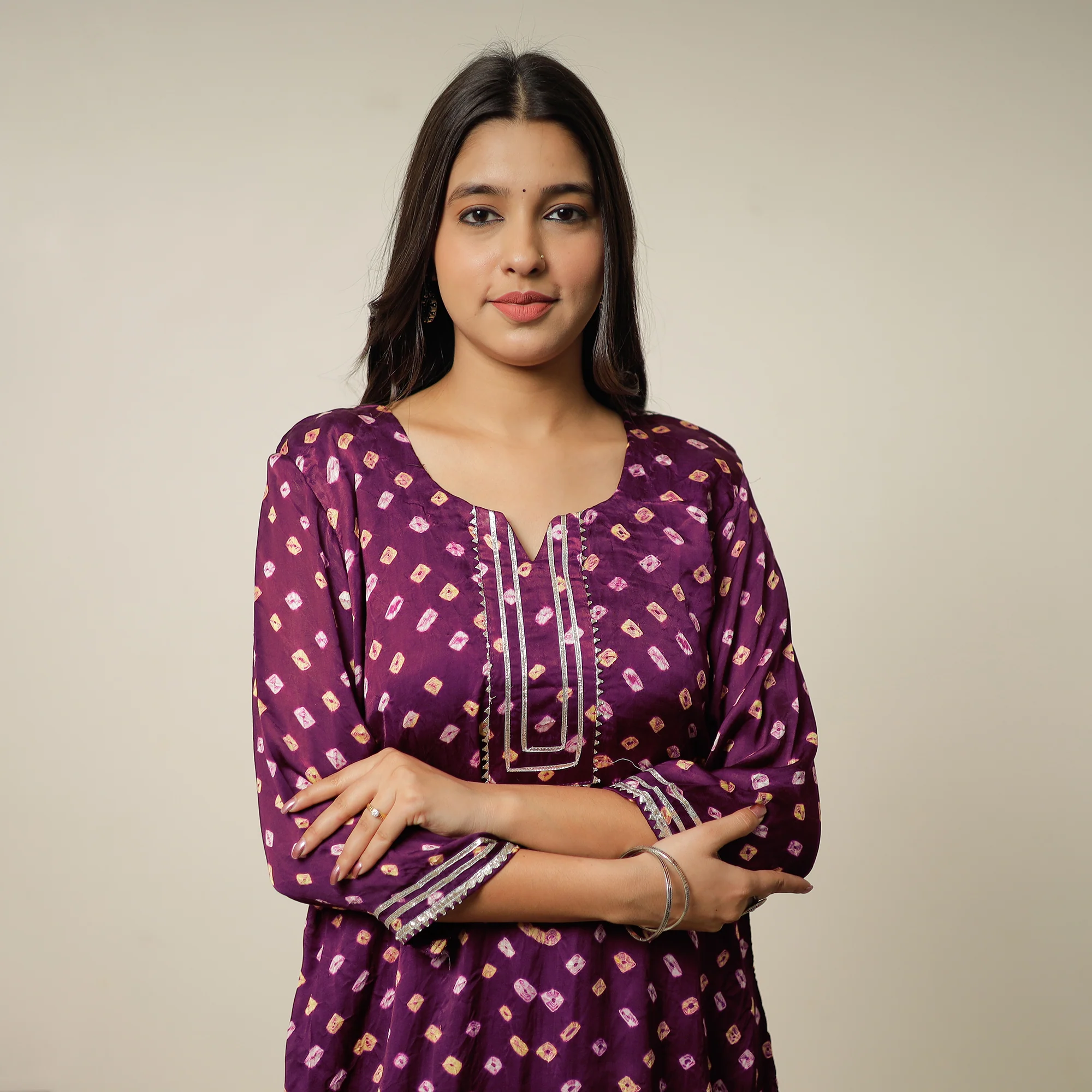 Dark Purple - Bandhani Tie-Dye Modal Silk Floral A-Line Kurta 17 - Image 3