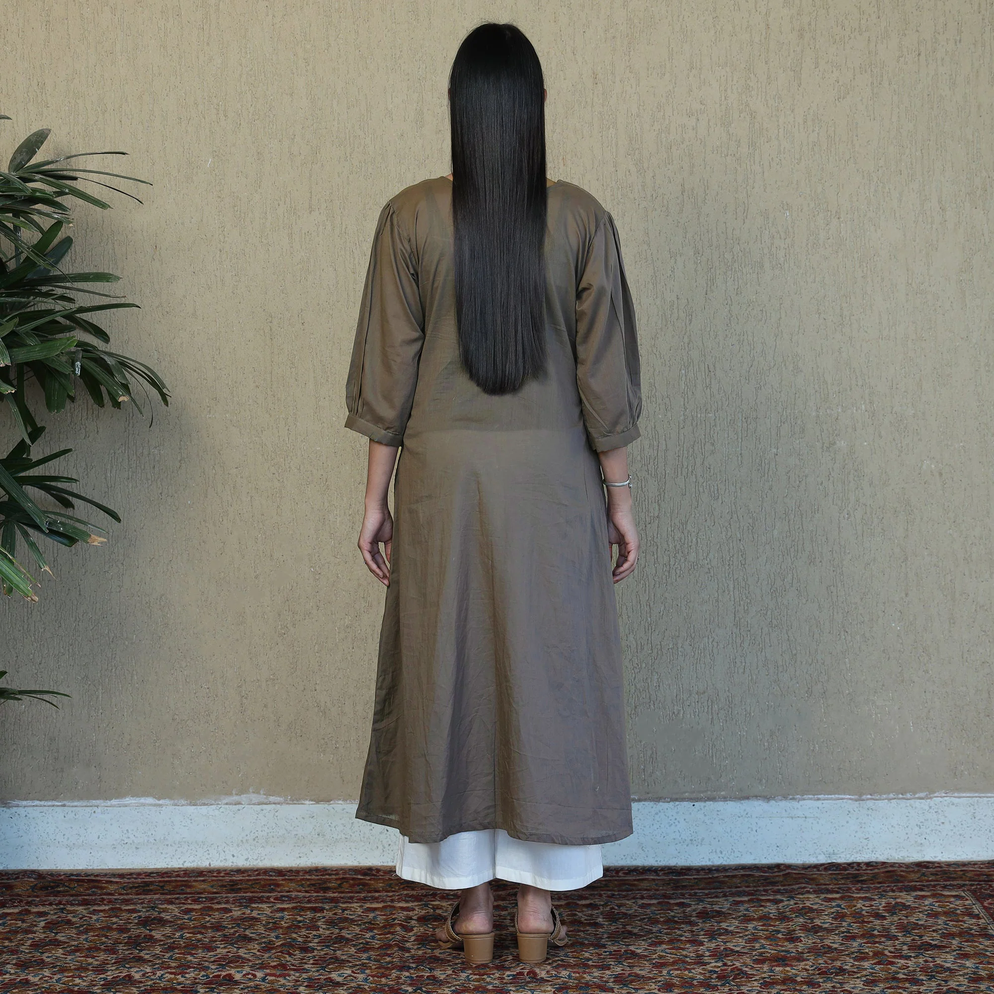 Light Brown - Mulmalai Cotton Plain Dyed A-Line Kurta - Image 3
