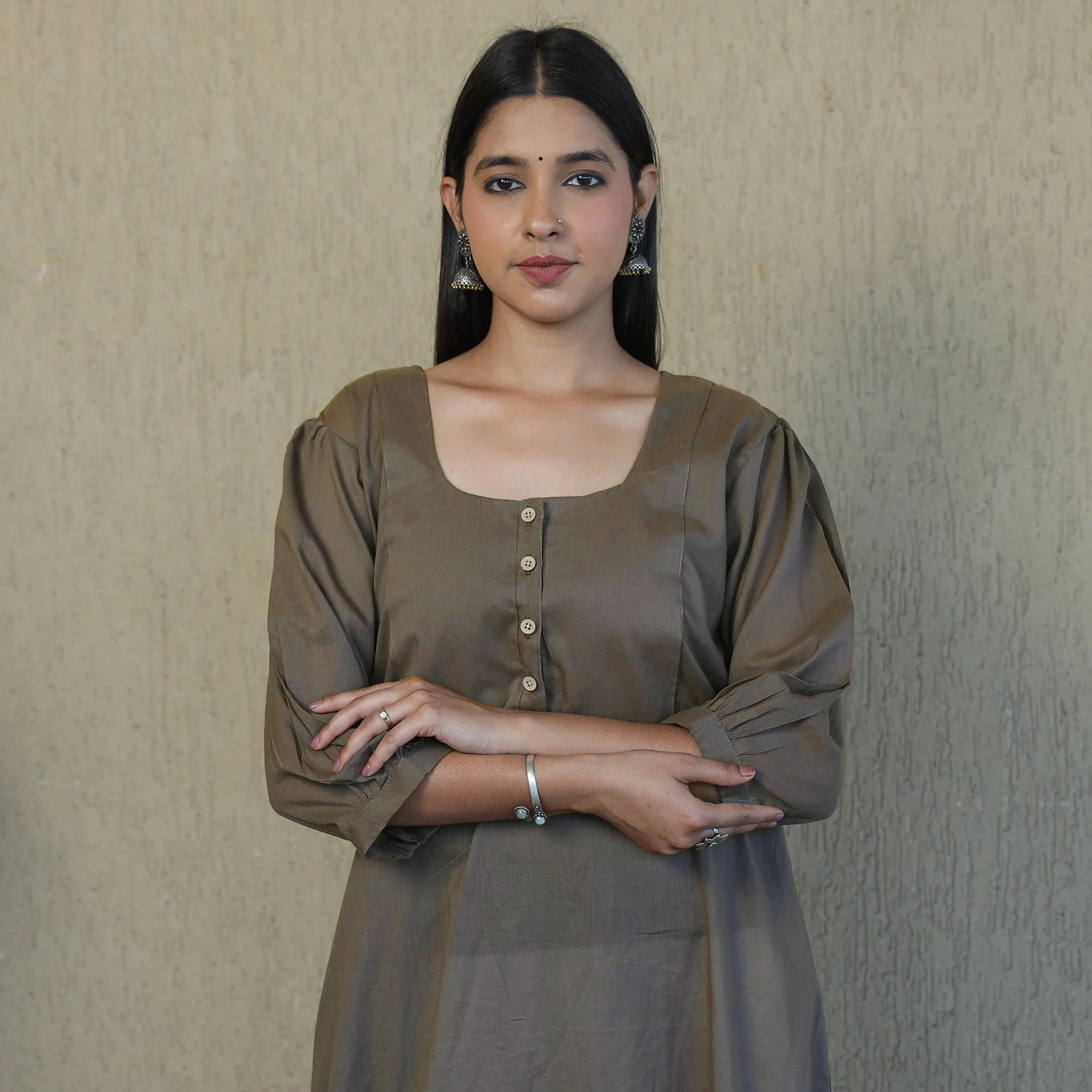 Light Brown - Mulmalai Cotton Plain Dyed A-Line Kurta - Image 4