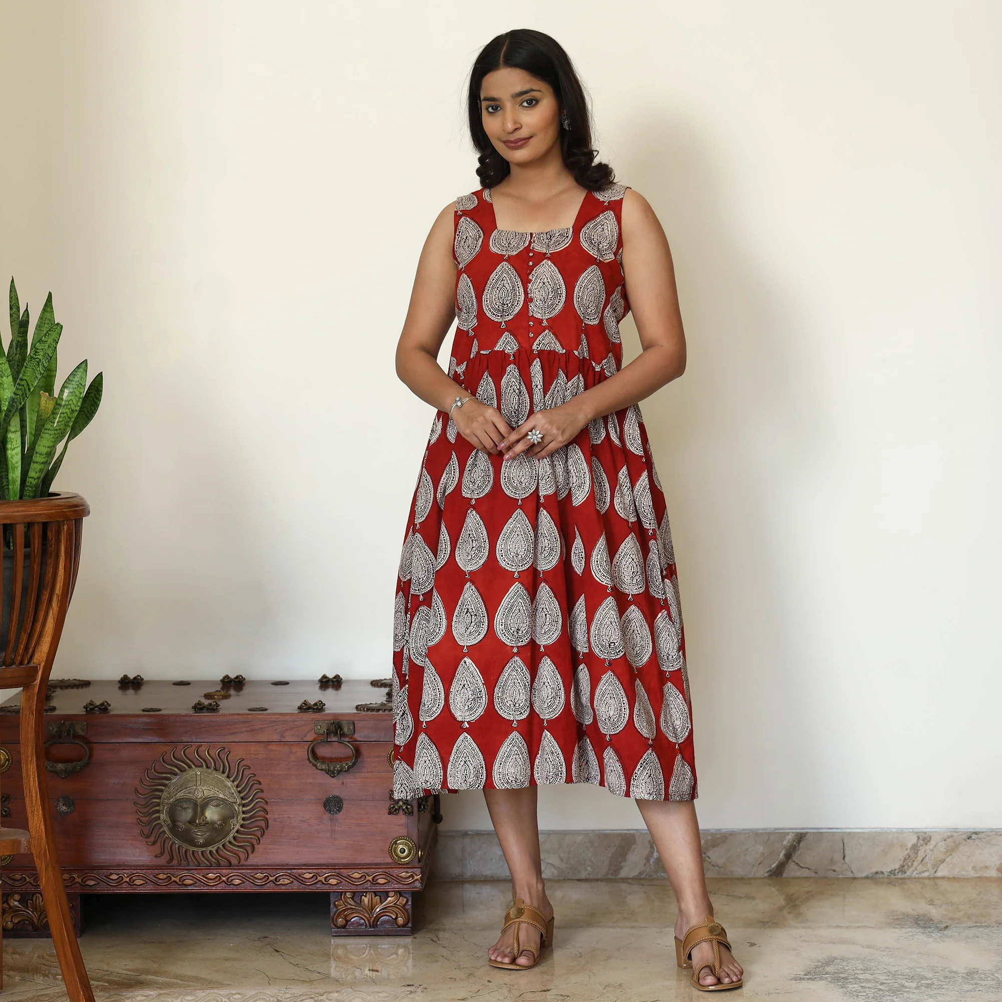 Red - Bagh Hand Block Printed Cotton Dress - Image 2