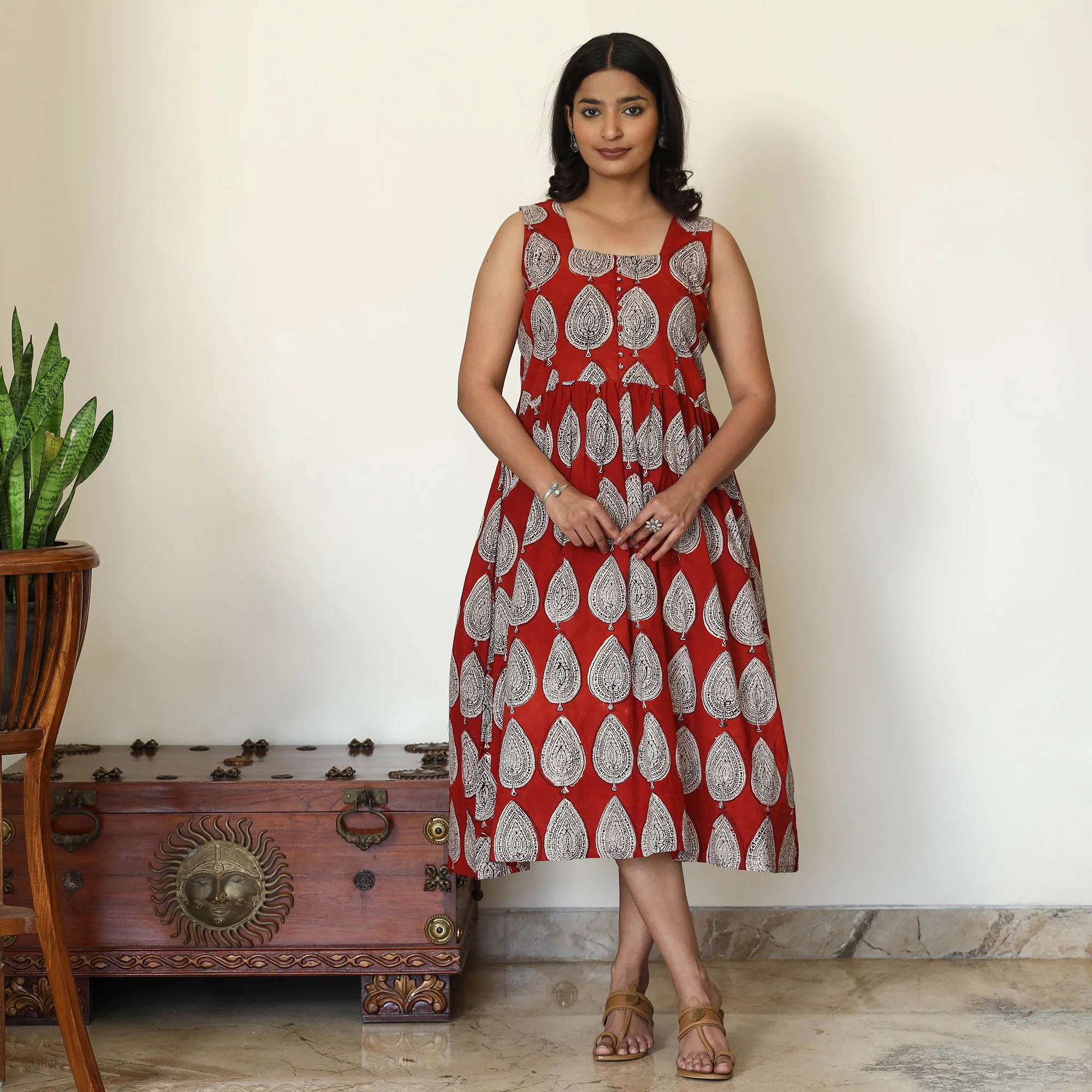 Red - Bagh Hand Block Printed Cotton Dress - Image 3