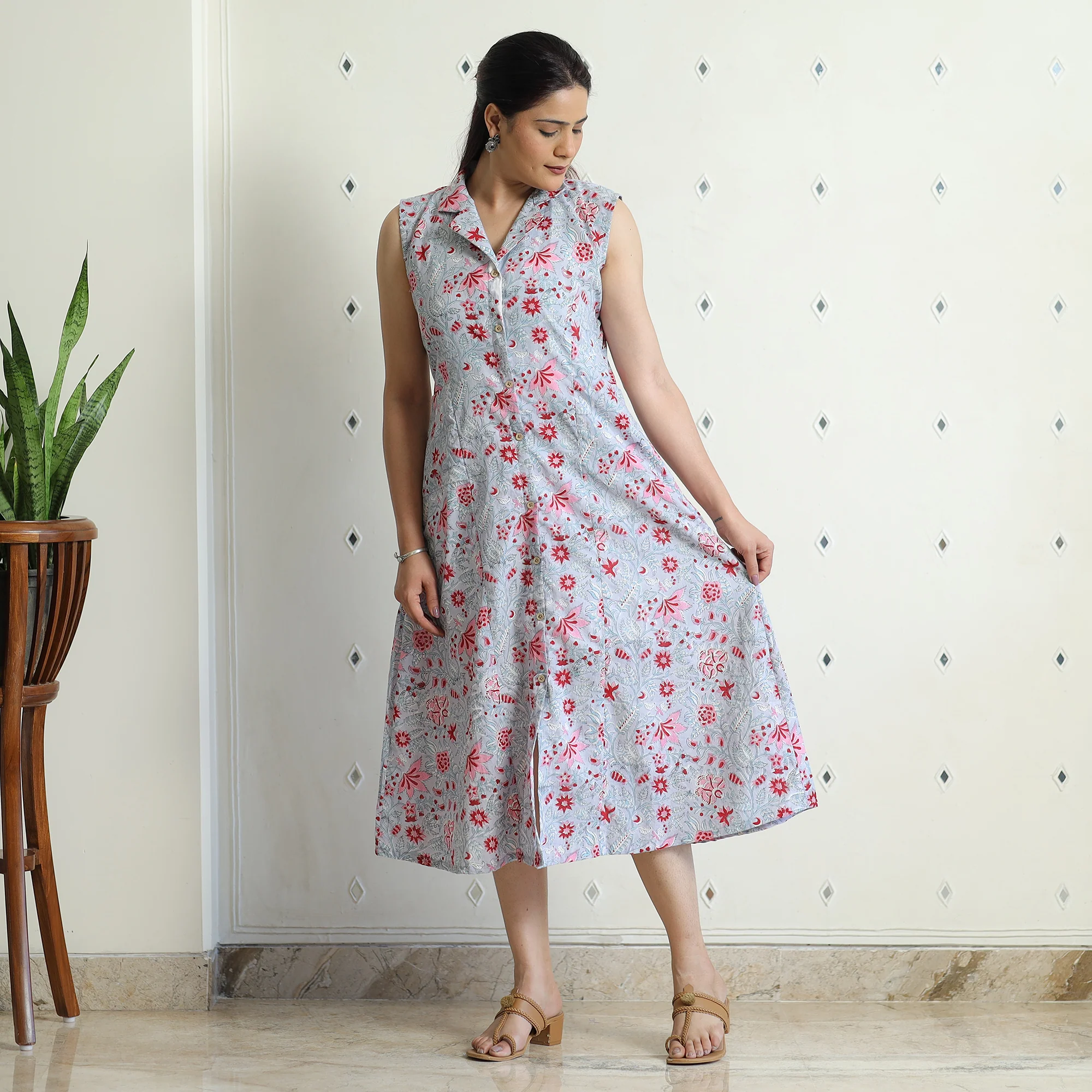 Light Grey - Sanganeri Block Printed Cotton Collared Neck Buttoned Down Dress - Image 3