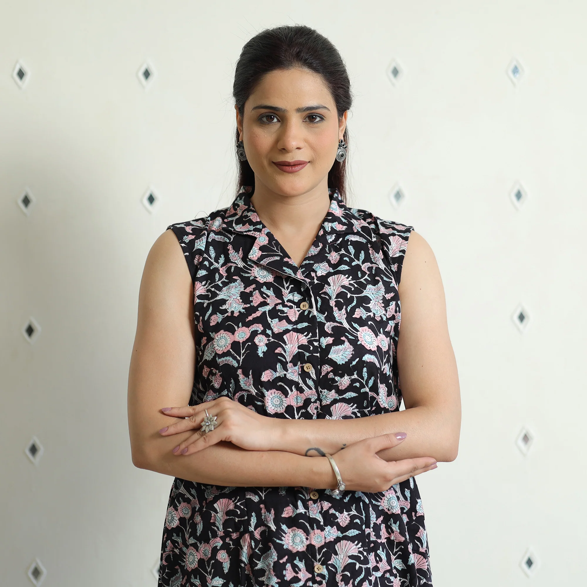 Black - Sanganeri Block Printed Cotton Collared Neck Buttoned Down Dress - Image 2