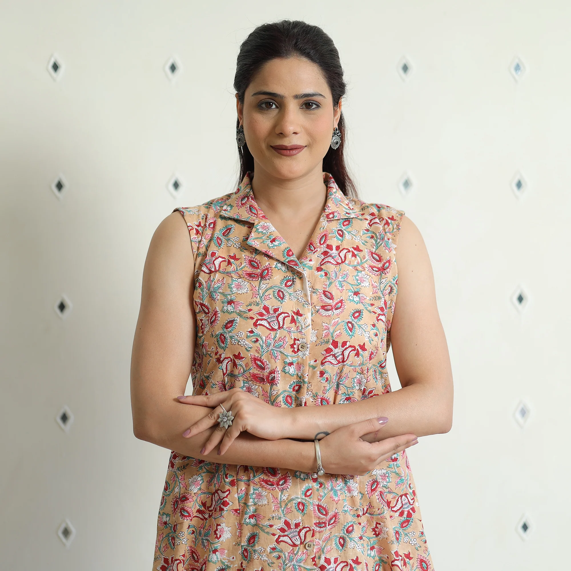 Beige - Sanganeri Block Printed Cotton Collared Neck Buttoned Down Dress - Image 2