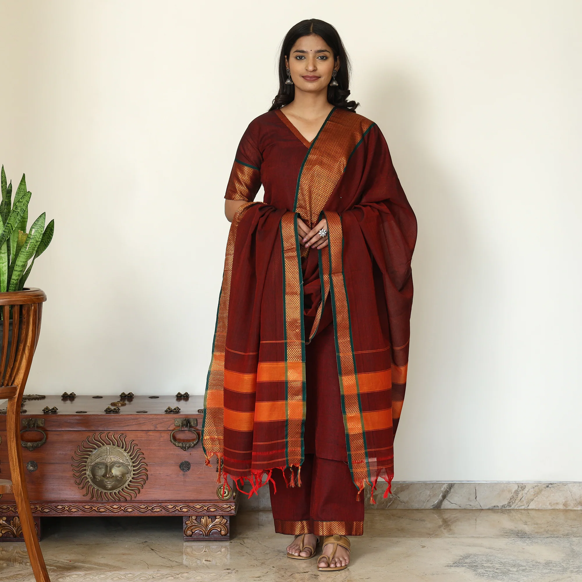Maroon - Cotton Dharwad Kurta Set with Palazzo & Dupatta 08 - Image 2