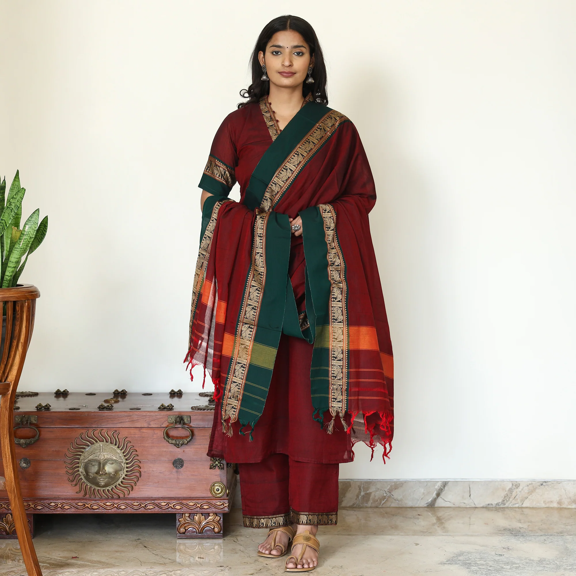 Maroon - Dharwad Cotton Kurta with Palazzo & Dupatta Set 16 - Image 2