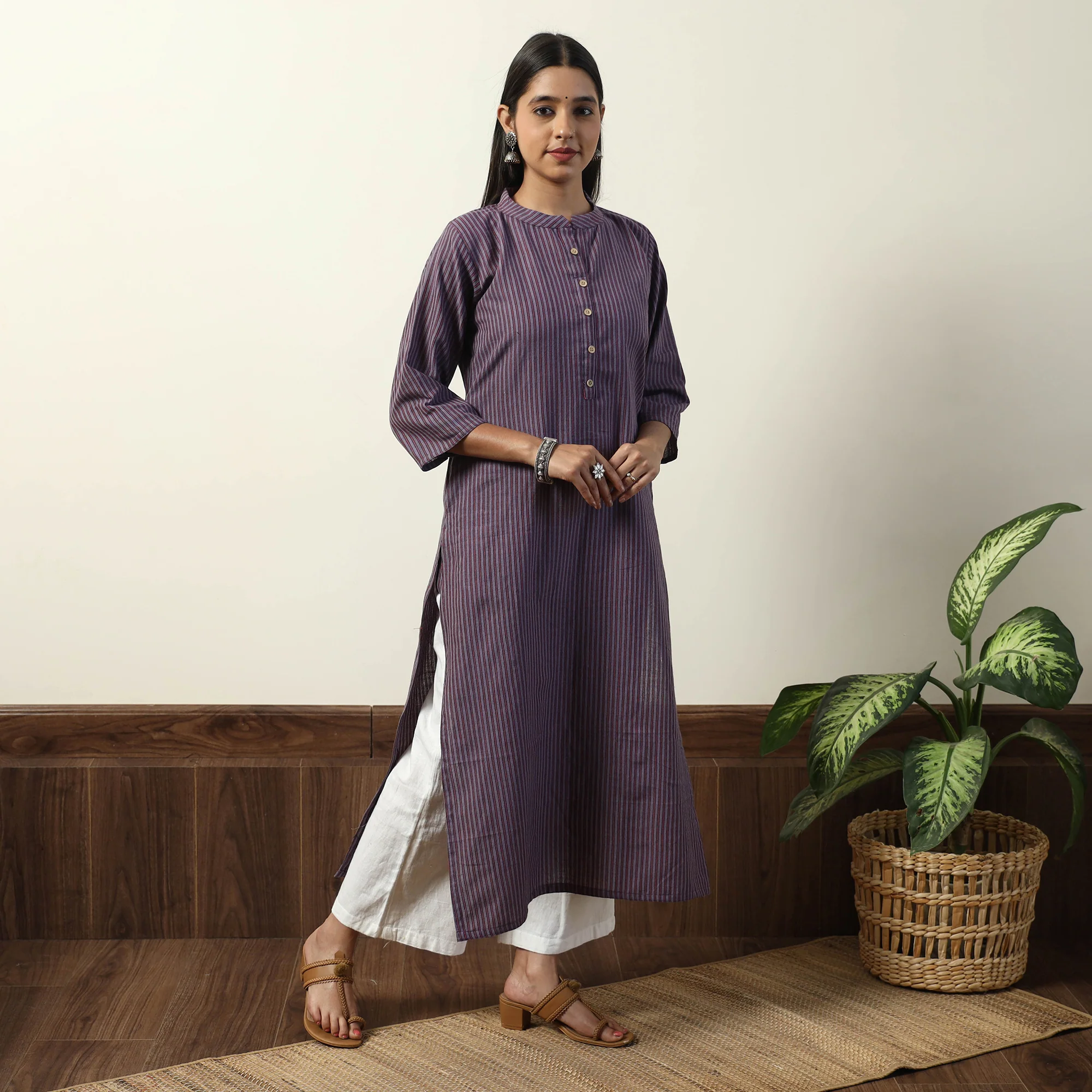 Purple - Jhiri Handloom Cotton Straight Long Kurta - Image 2