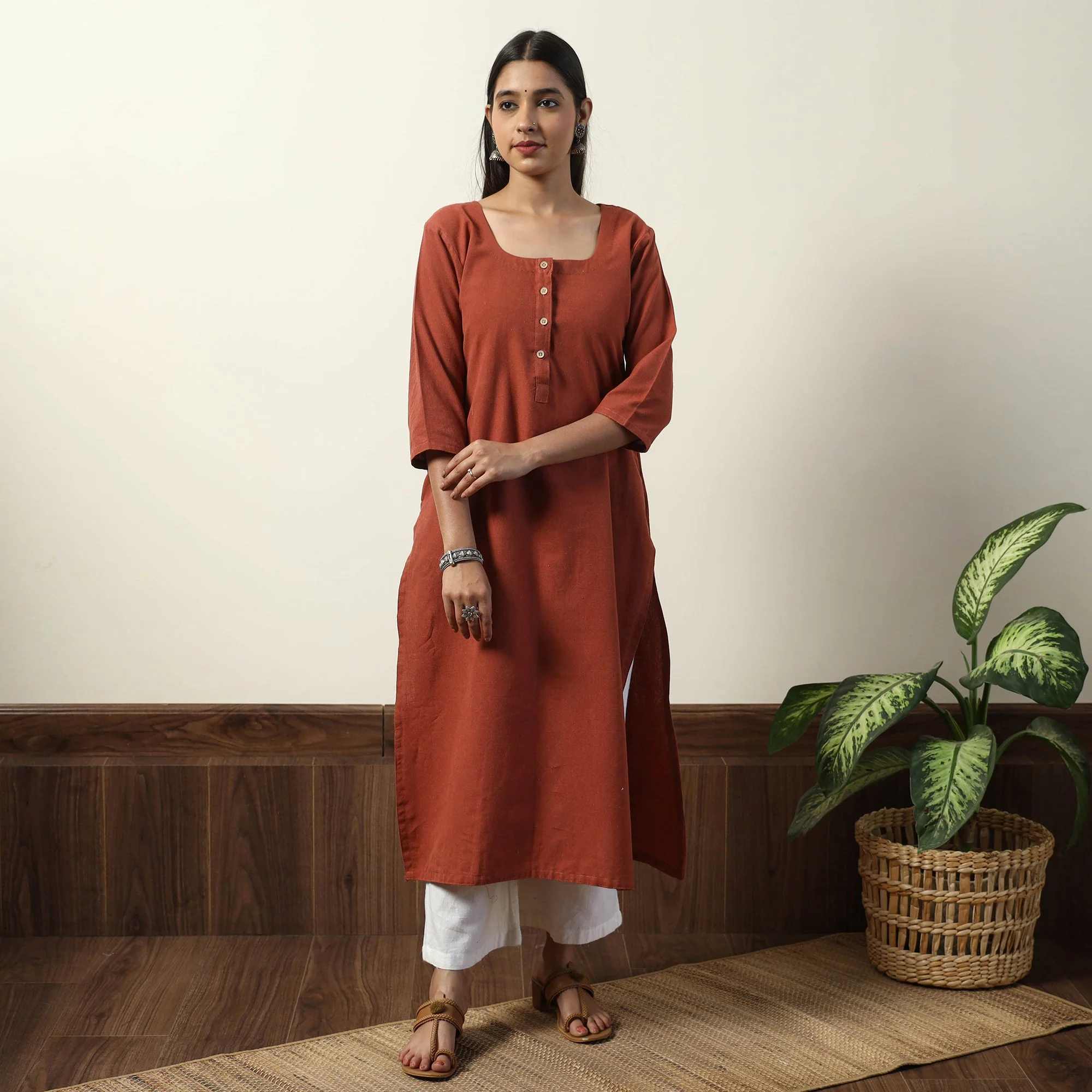Dark Orange - Jhiri Handloom Cotton Straight Long Kurta - Image 2