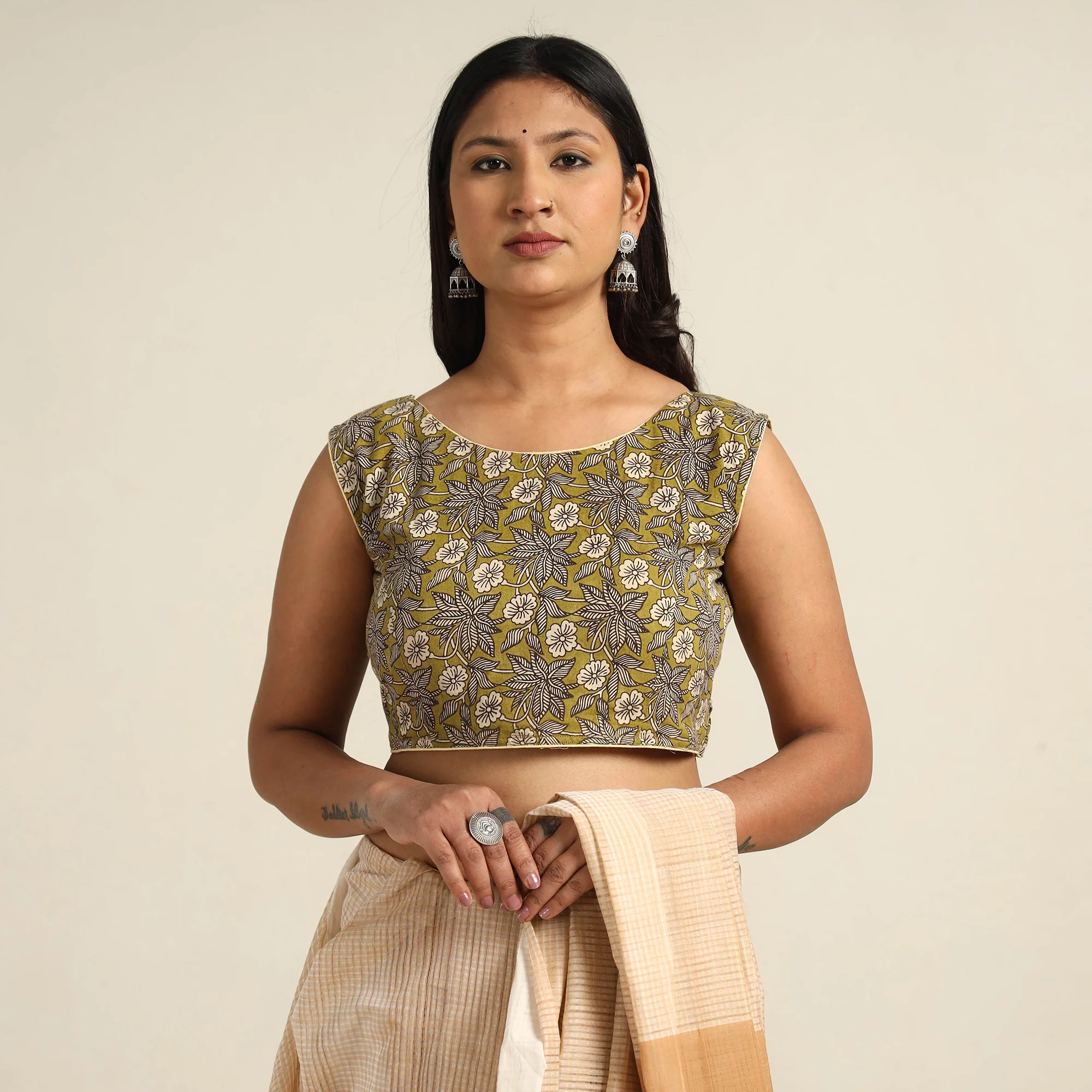 Green - Kalamkari Printed Cotton Stitched Blouse 01 - Image 2