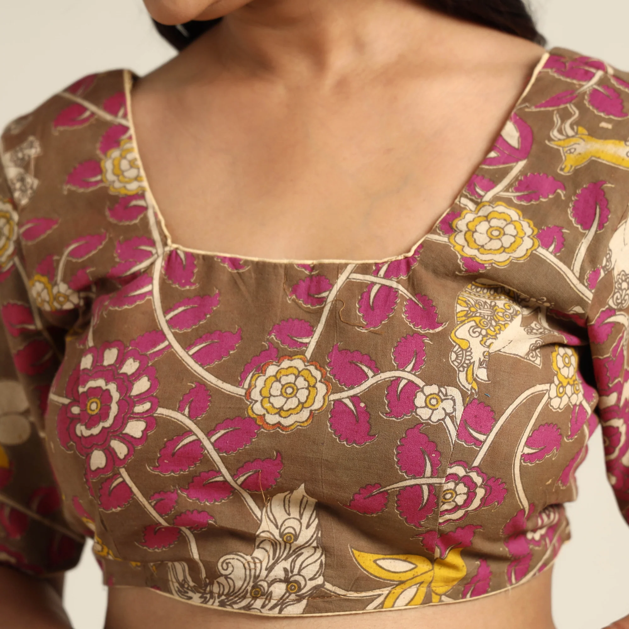 Brown - Kalamkari Printed Cotton Stitched Blouse 11 - Image 4