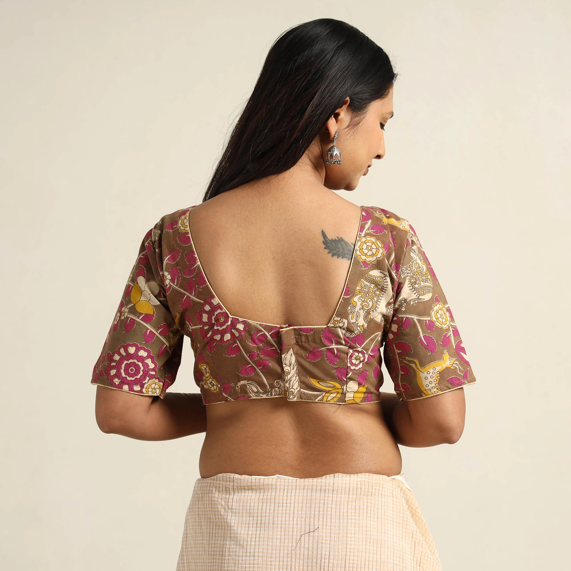 Brown - Kalamkari Printed Cotton Stitched Blouse 11 - Image 5