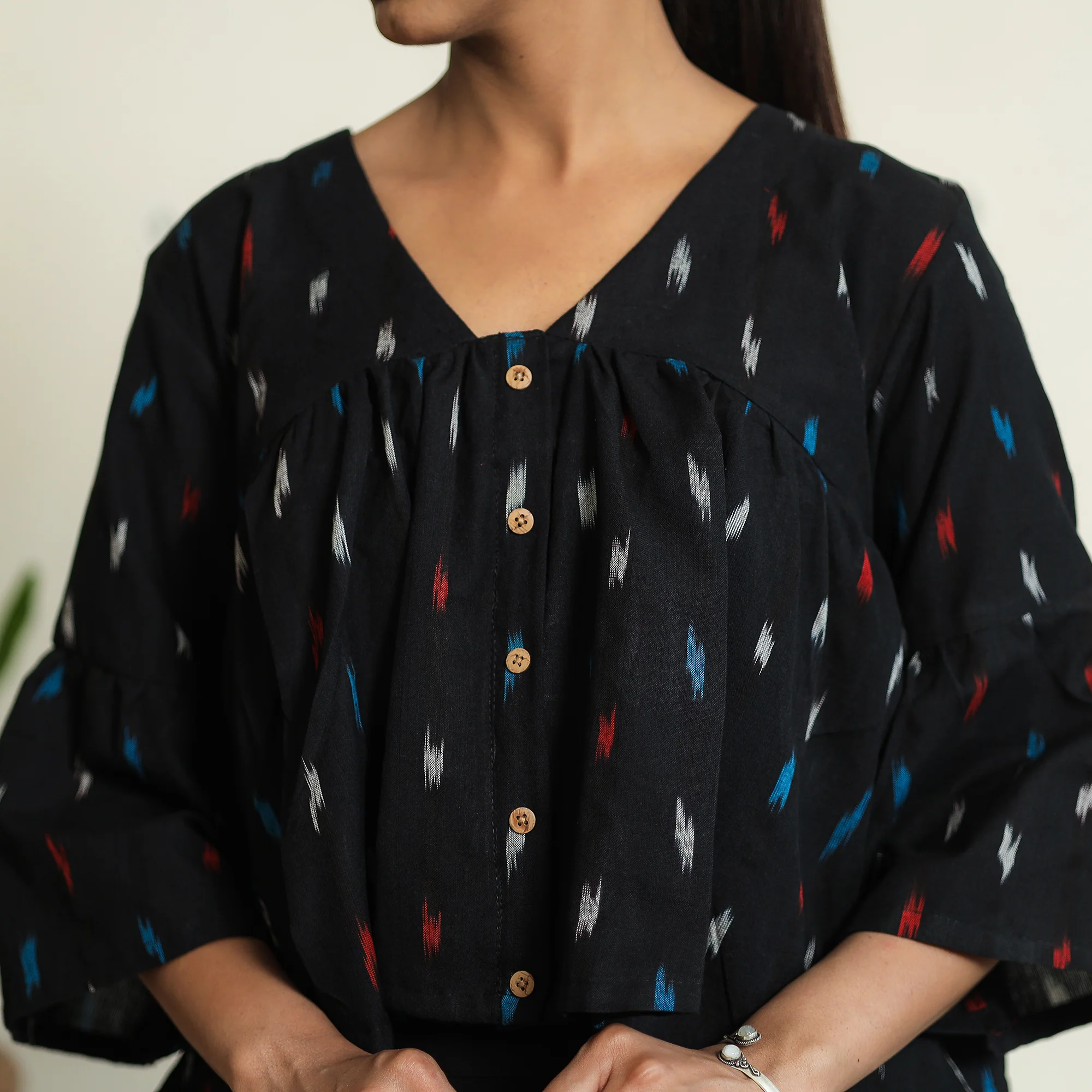 Black - Pochampally Ikat Full Sleeve Cotton Crop Top 02 - Image 4