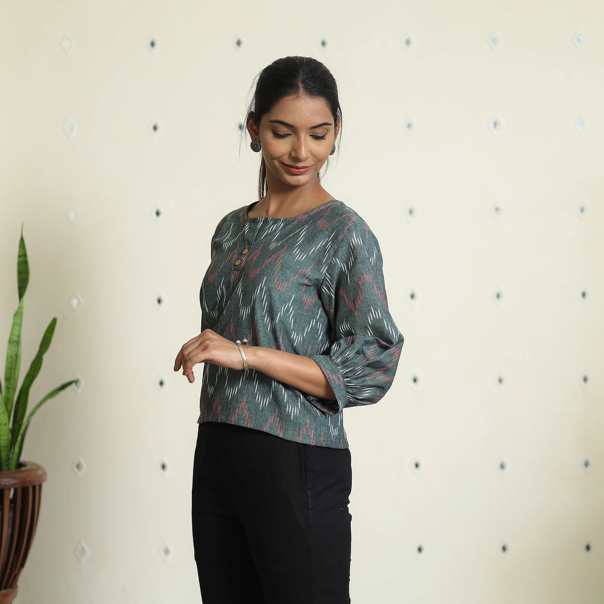 Grey - Pochampally Ikat Full Sleeve Cotton Crop Top 08 - Image 3