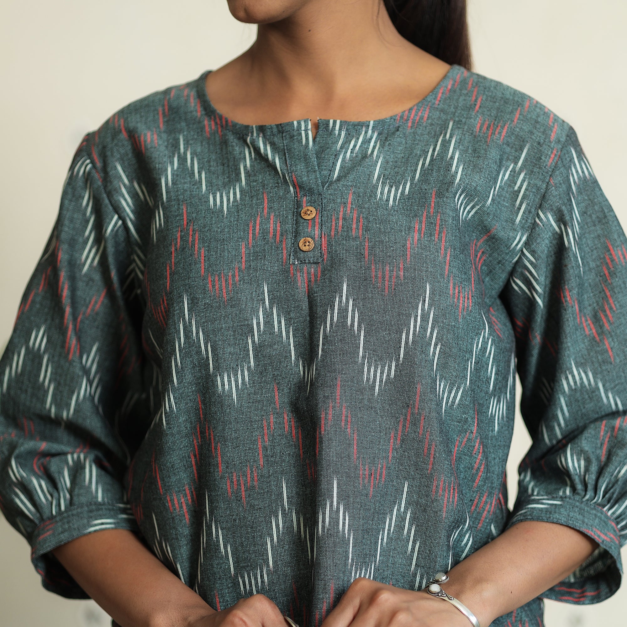 Grey - Pochampally Ikat Full Sleeve Cotton Crop Top 08 - Image 4