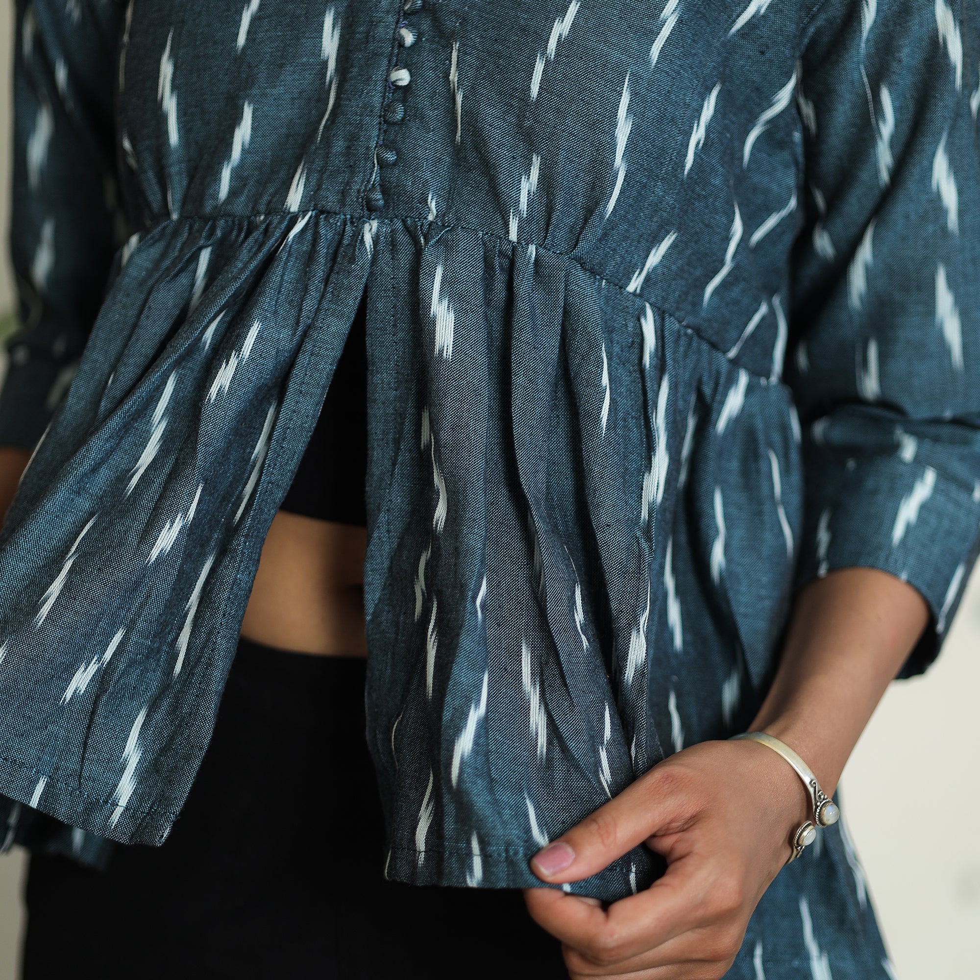 Grey - Pochampally Ikat Full Sleeve Cotton Crop Top 10 - Image 5