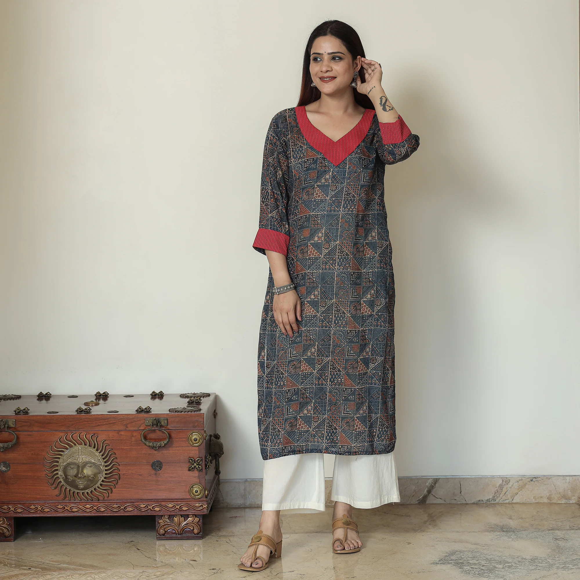 Blue - Ajrakh Block Printed Mul Cotton Straight Kurta 14 - Image 2