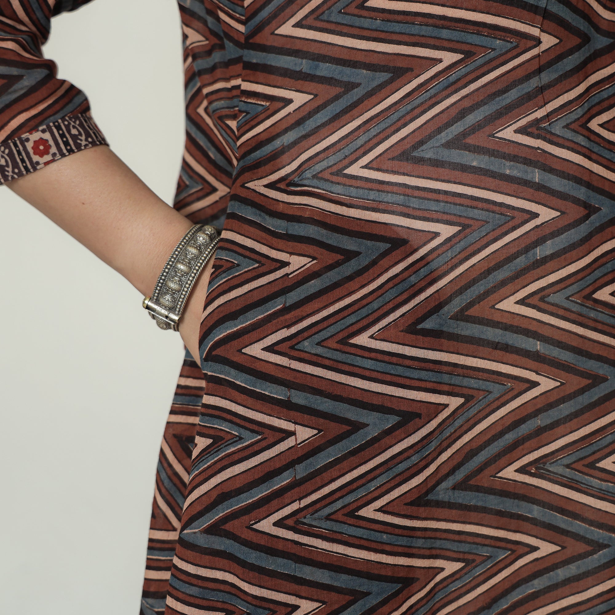Brown - Ajrakh Block Printed Mul Cotton A-Line Kurta 04 - Image 7