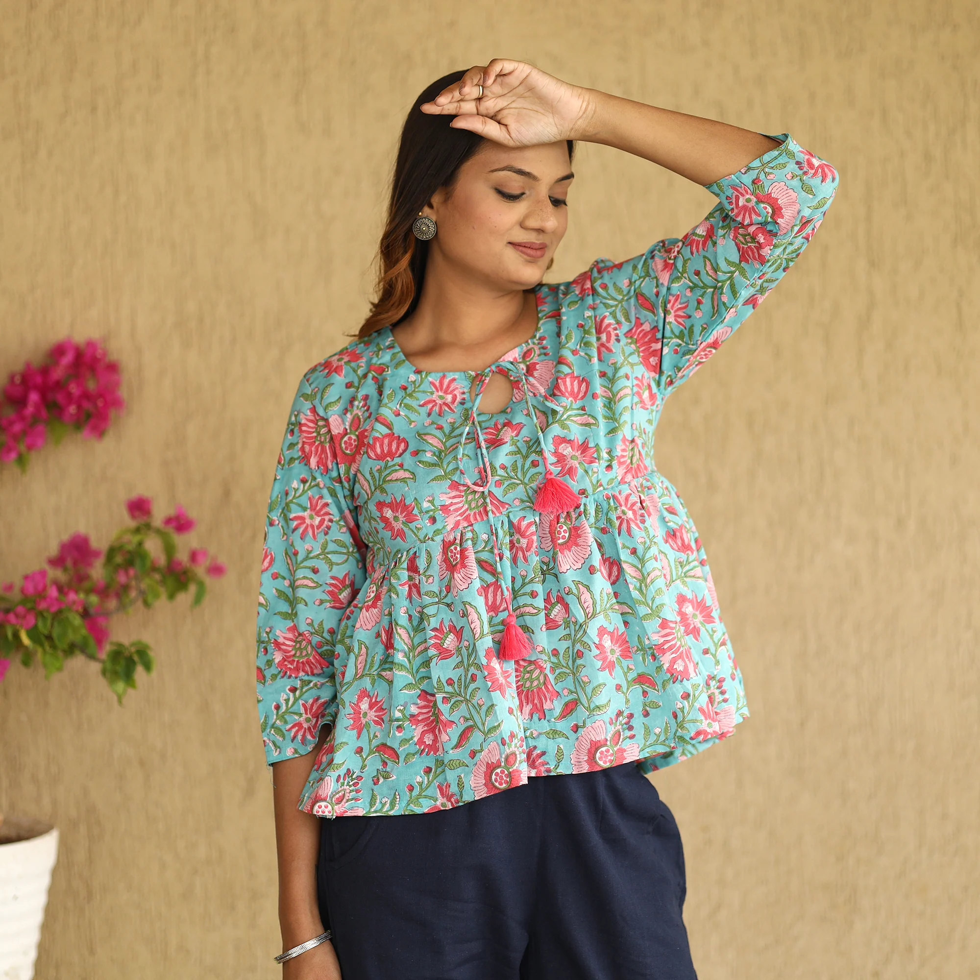 Green - Sanganeri Hand Block Printed Full Sleeve Cotton Crop Top 04 - Image 2