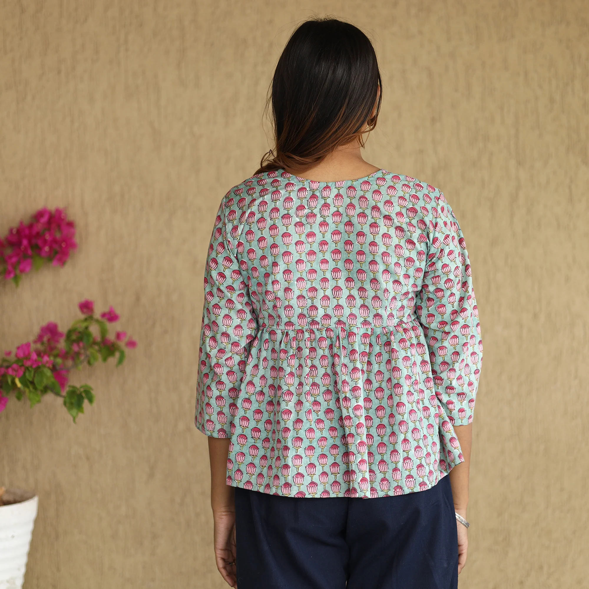Blue - Sanganeri Hand Block Printed Full Sleeve Cotton Crop Top 05 - Image 5