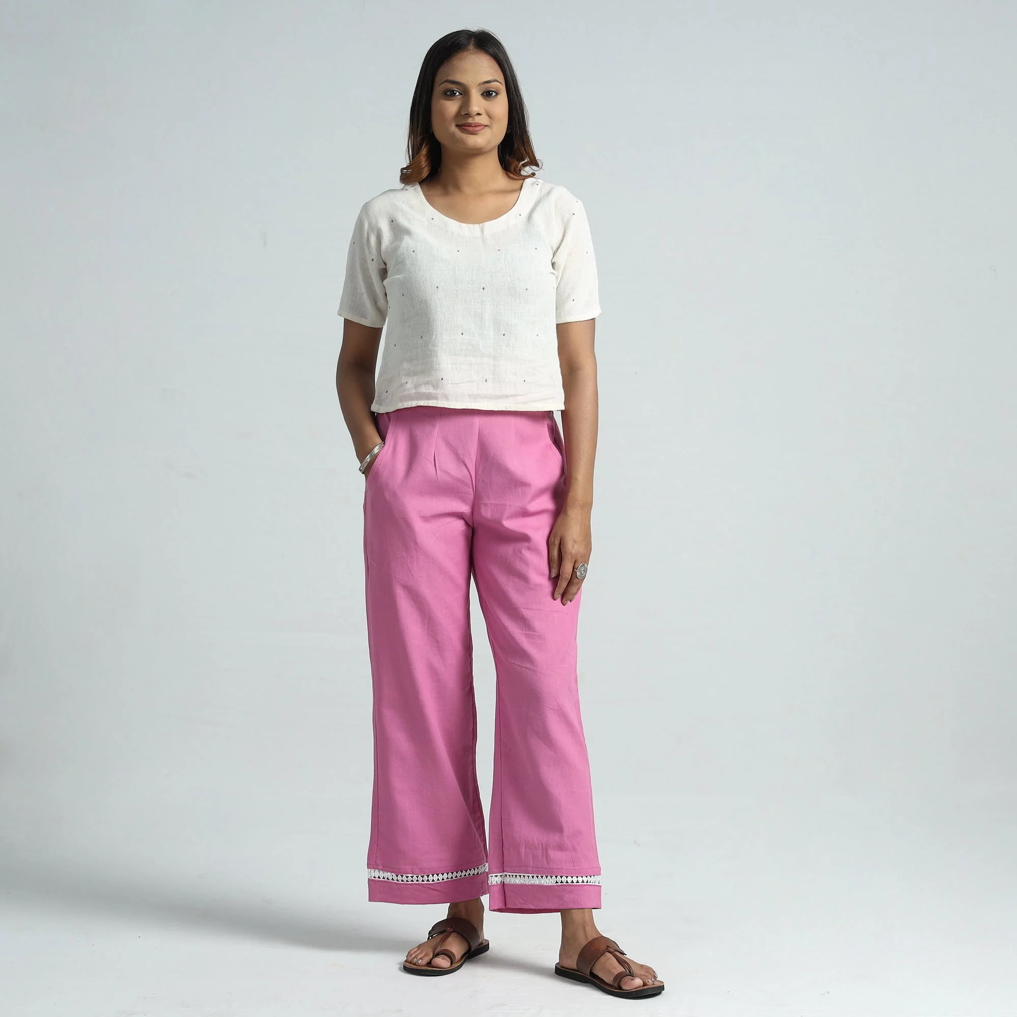 Pink - Plain Flex Cotton Elasticated Palazzo with Lace Work 01 - Image 2