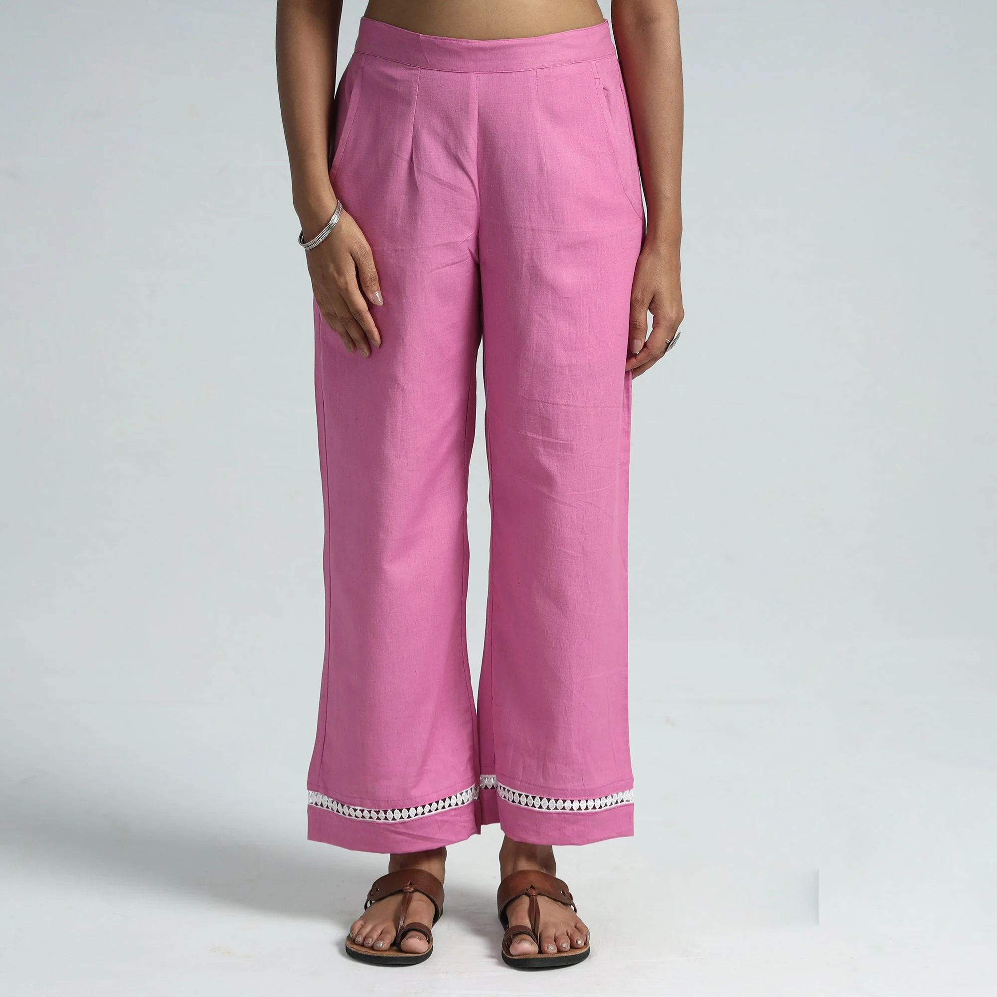 Pink - Plain Flex Cotton Elasticated Palazzo with Lace Work 01 - Image 3